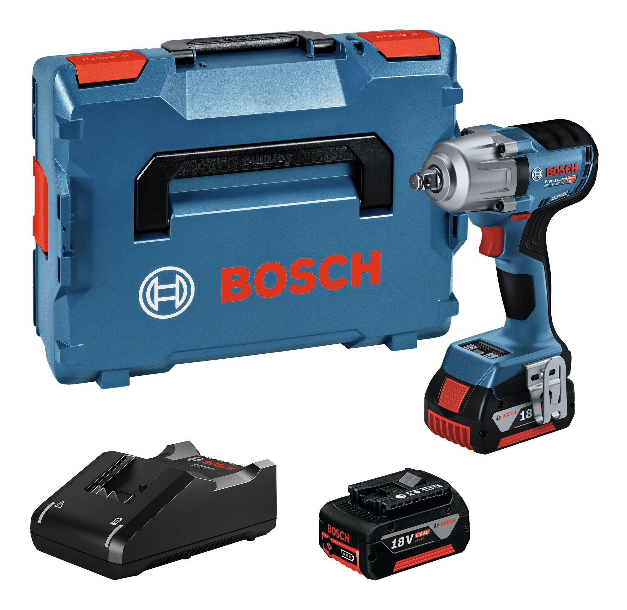 BOSCH Akku-Schlagschrauber GDS 18V-450 HC, 2300 U/min, 450 Nm, Drehschlagschrauber mit 2x Akku 5 Ah - in L-BOXX 136