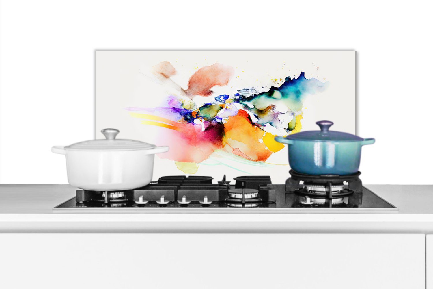 MuchoWow Küchenrückwand Aquarell - Regenbogen Kunst, Schmutzflecken für gegen Wandschutz, 60x30 Abstrakt - Fett (1-tlg), cm, Küchen und 