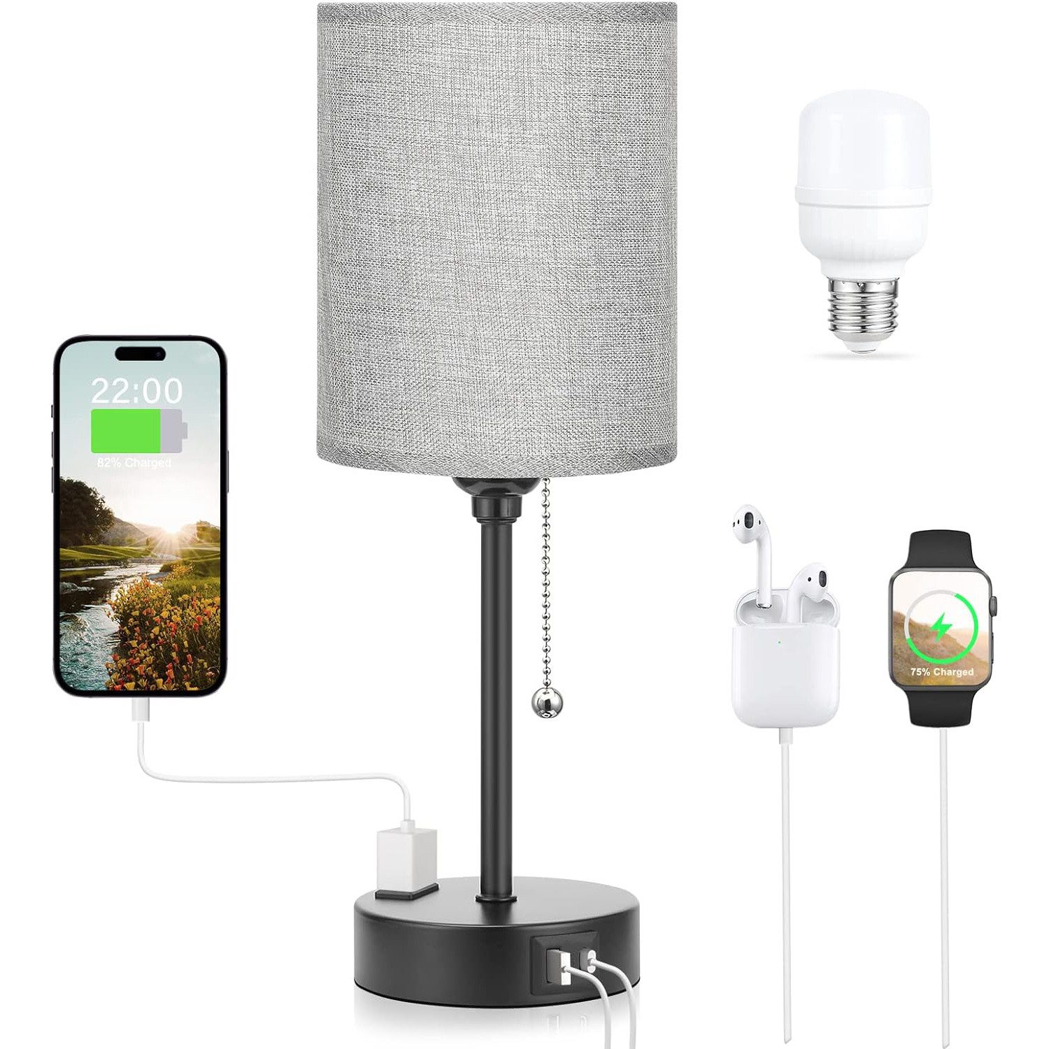 Lapalife Nachttischlampe 3 Farbtemperaturen Tischlampe mit USB A und C, Reißverschlussschalter, Mit LED Birne Kleine Lampen für Nachttisch Wohnzimmer Schlafzimmer