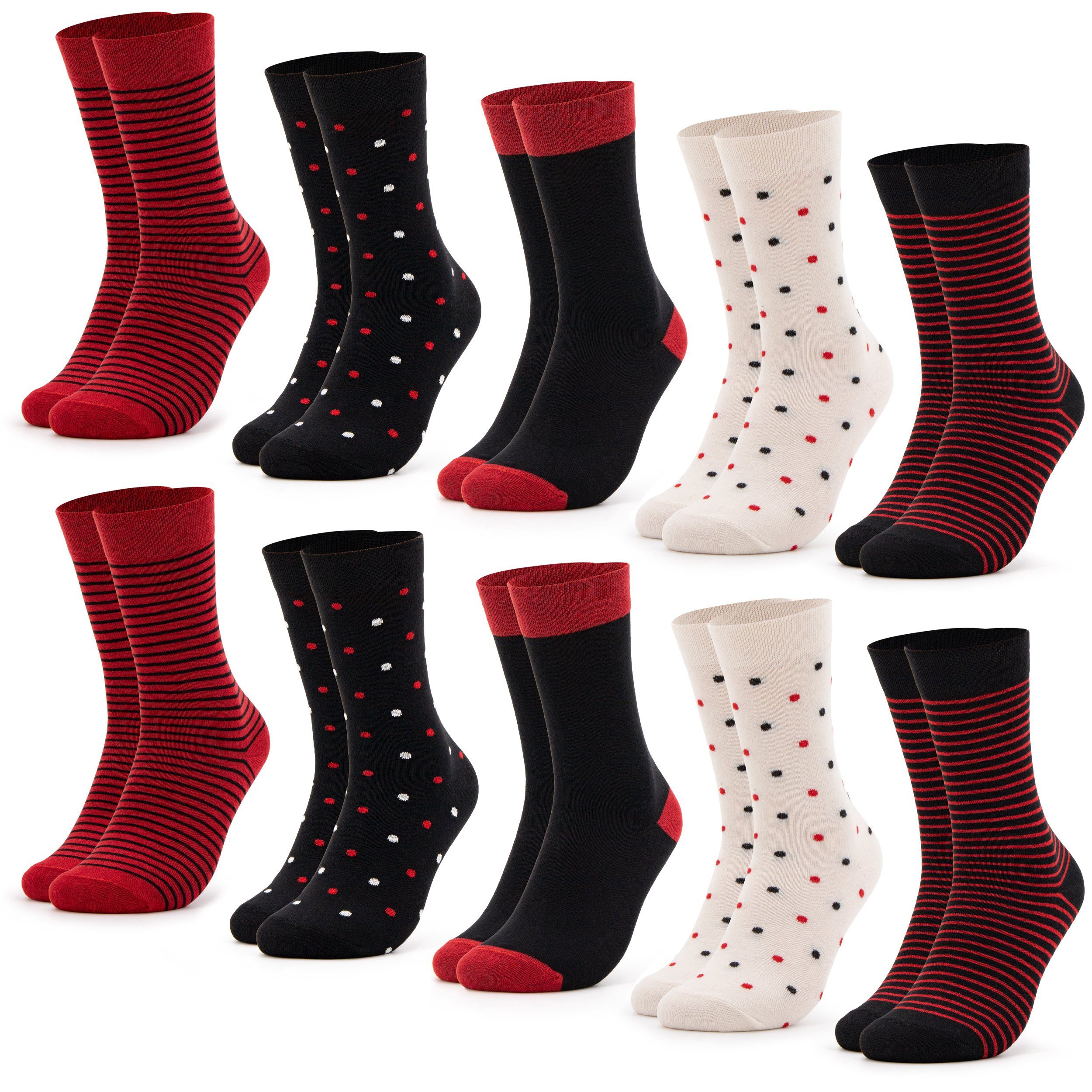OCCULTO Basicsocken Damen Muster Socken 10 Paar (Modell: Milka) (10-Paar) 10Red | Lange Socken