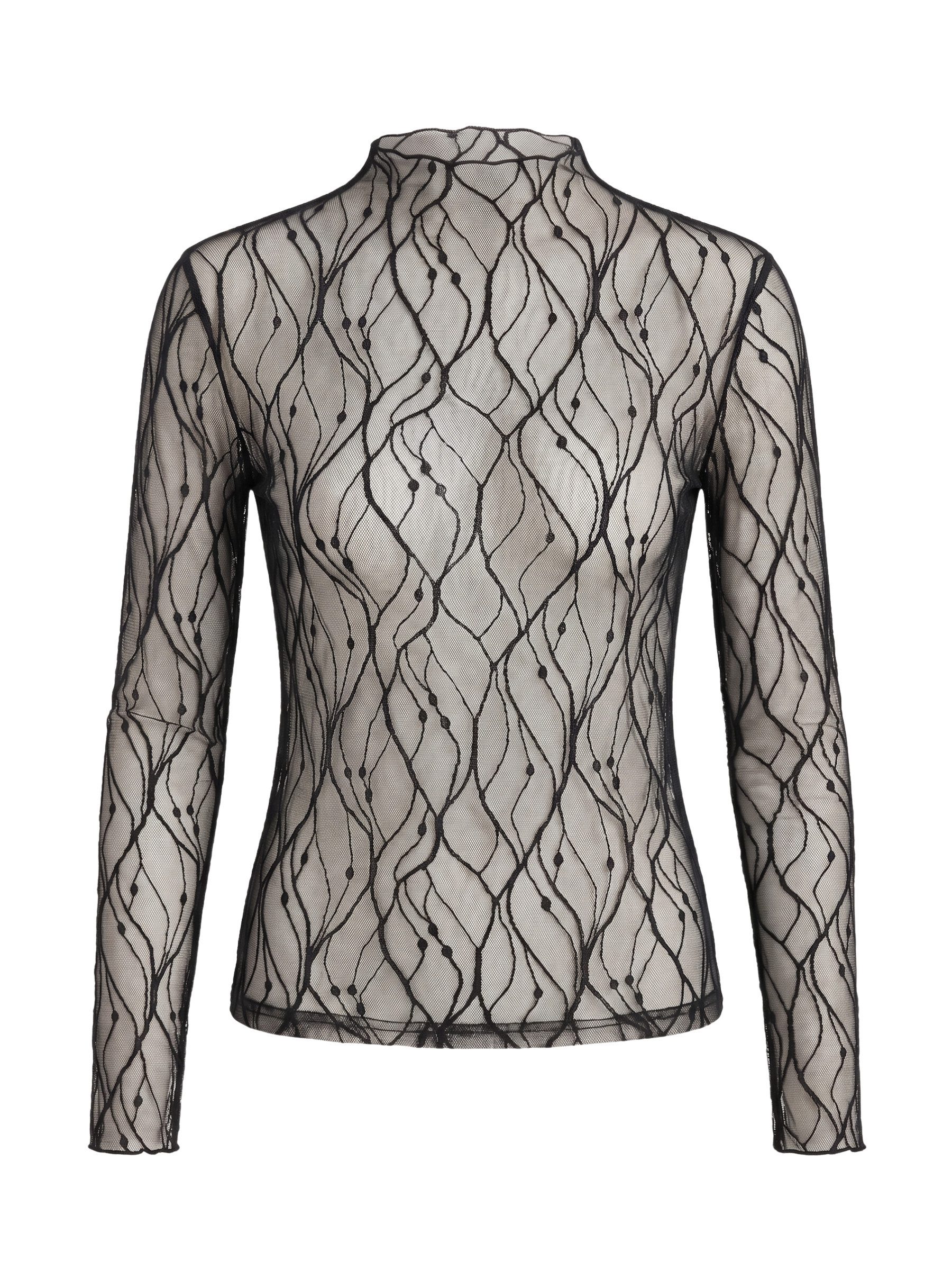 Elegant Love Langarmshirt Damen Spitzenshirt transparent, figurbetont Durchsichtiges Mesh-Shirt – Schwarzes Party-Oberteil für den Club