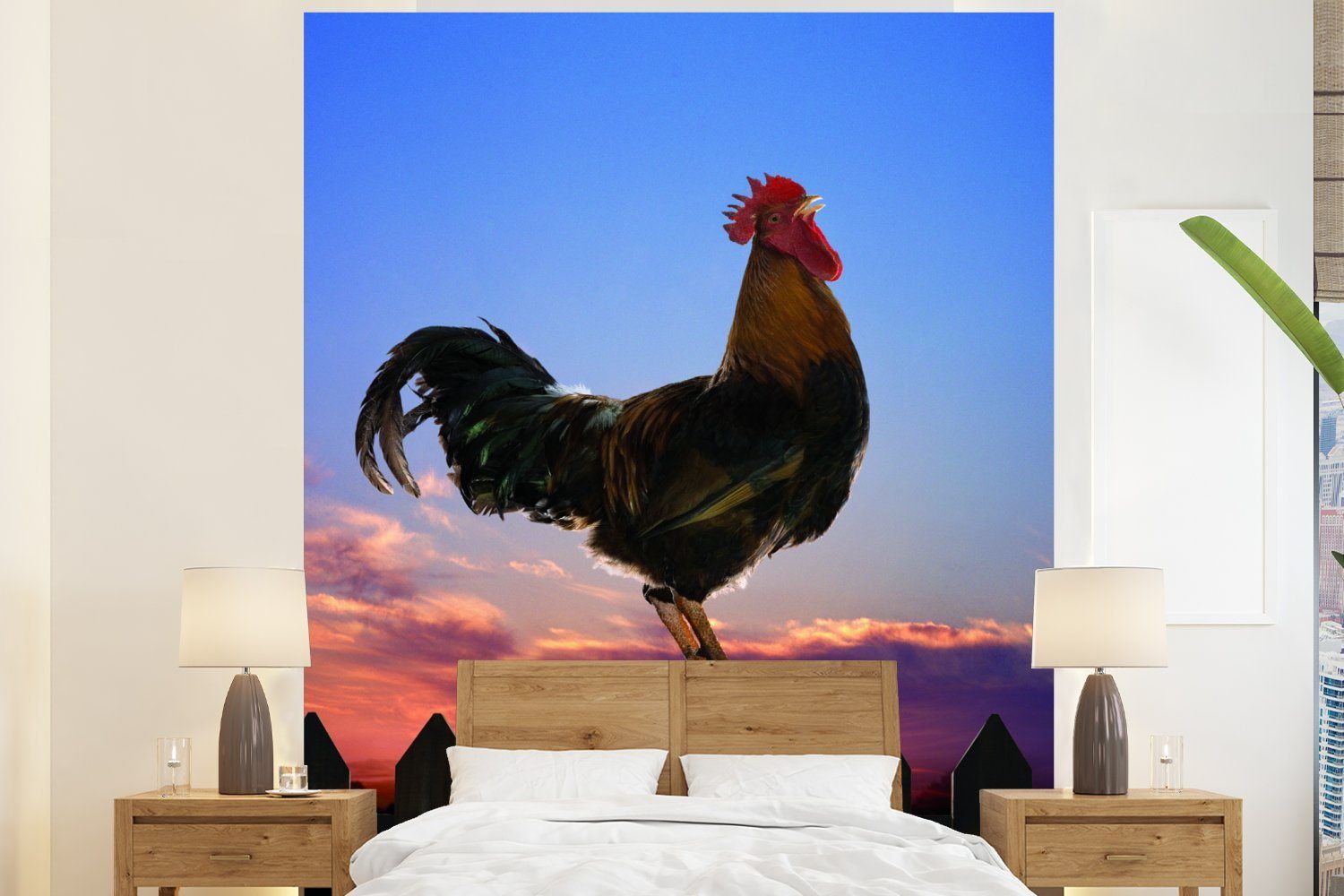 MuchoWow Fototapete Hahn auf einem Zaun während eines Sonnenuntergangs, Matt, bedruckt, (3 St), Vliestapete für Wohnzimmer Schlafzimmer Küche, Fototapete
