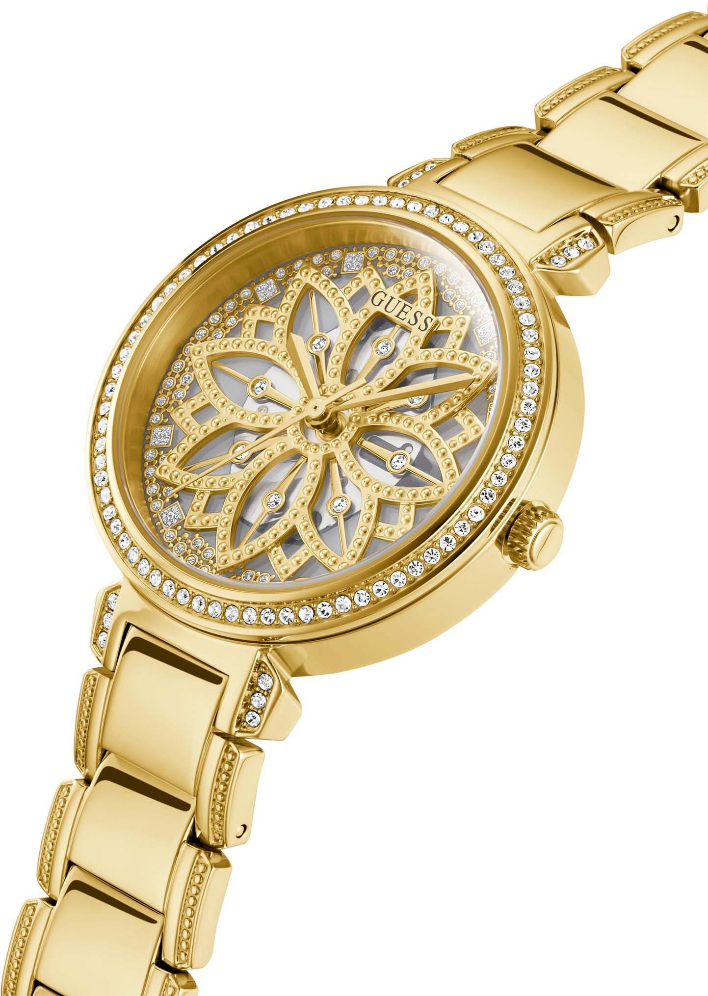 Guess Quarzuhr LILY GW0528L2, Armbanduhr, Damenuhr, analog, Kristallsteine, Edelstahlarmband