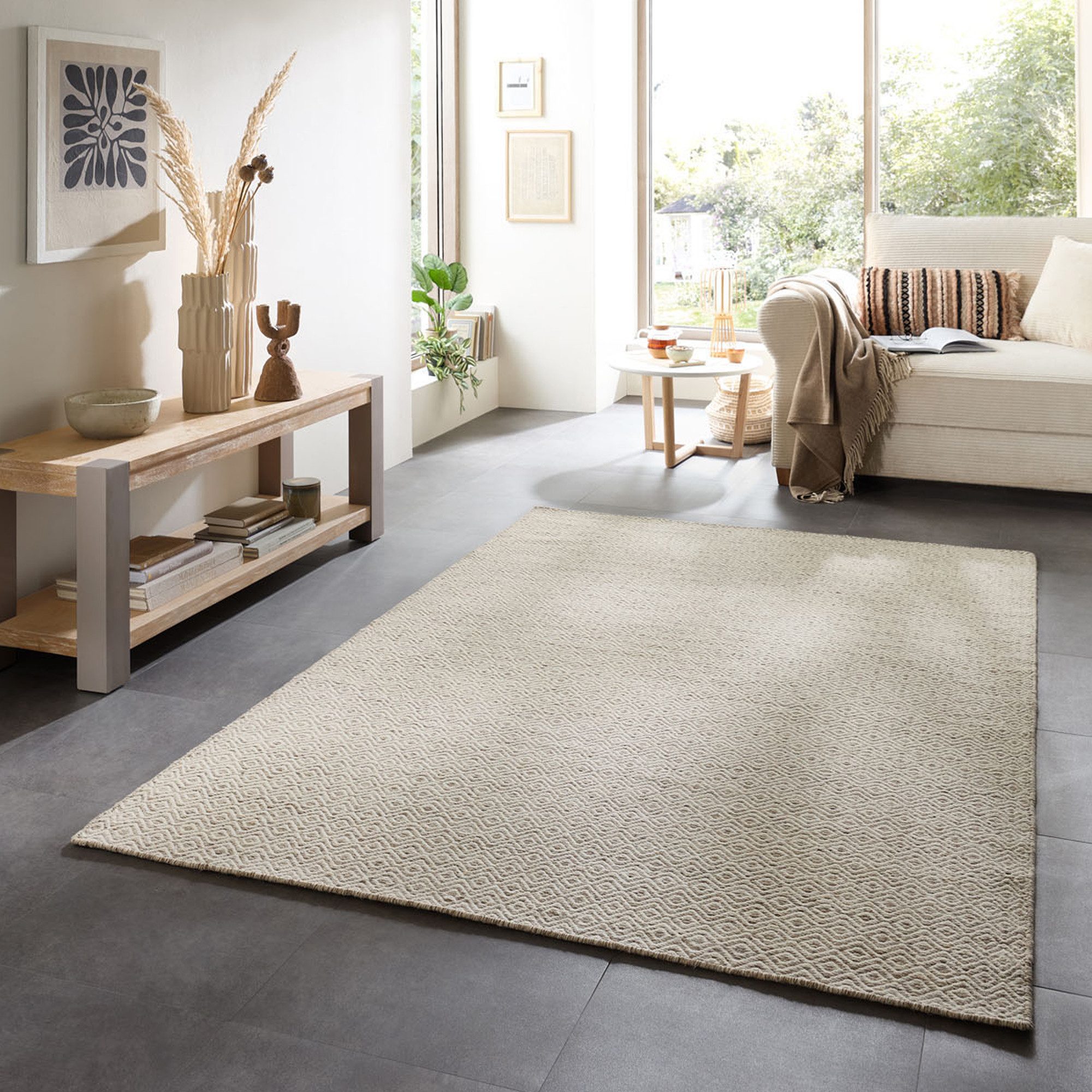 OTTO home Wollteppich Daoulas, rechteckig, Höhe: 10 mm, Handweb Teppich, reine Wolle, modernes Rauten Muster, Scandi Design