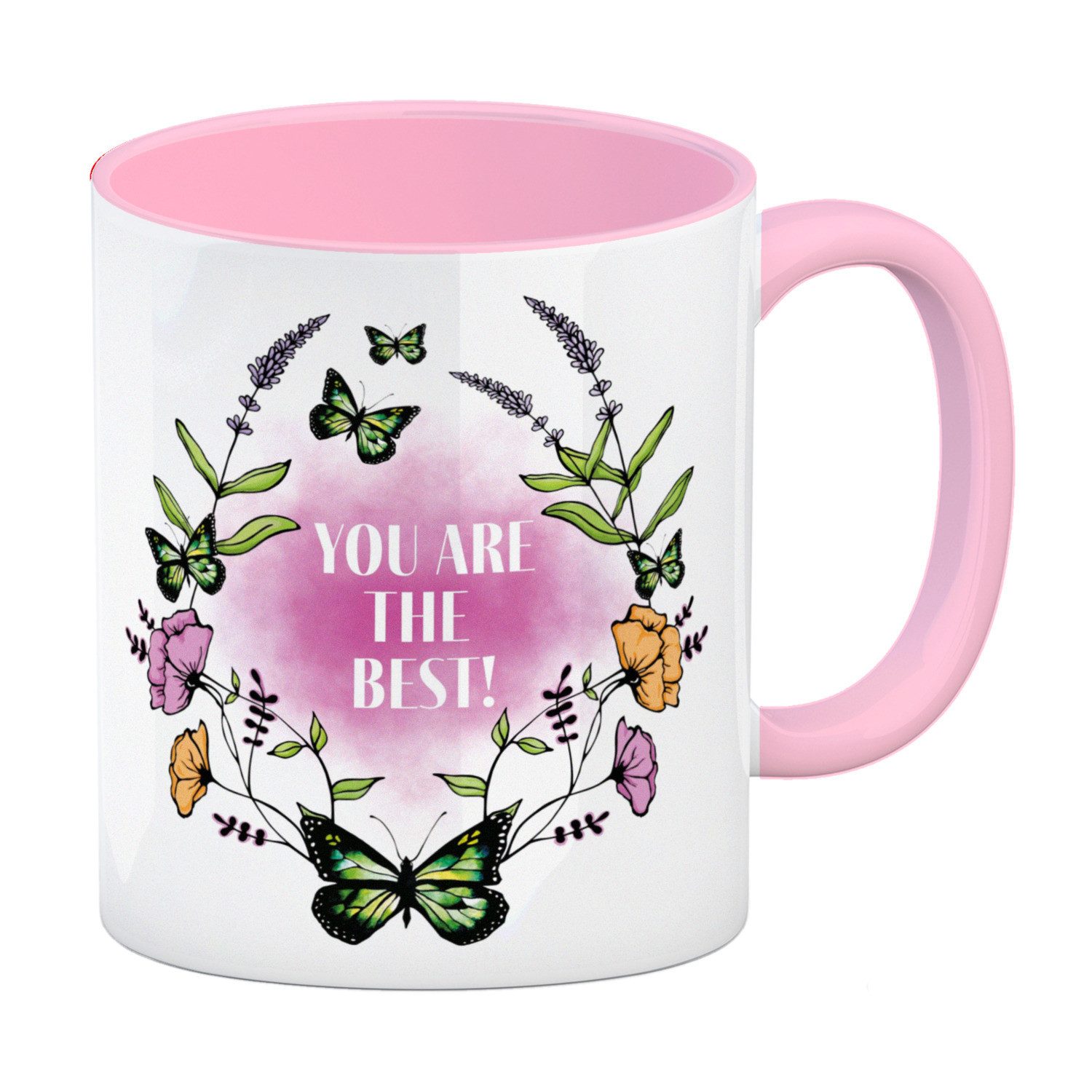 Tasse Kaffeebecher Rosa mit motivierenden Worten und Blumenrahmen