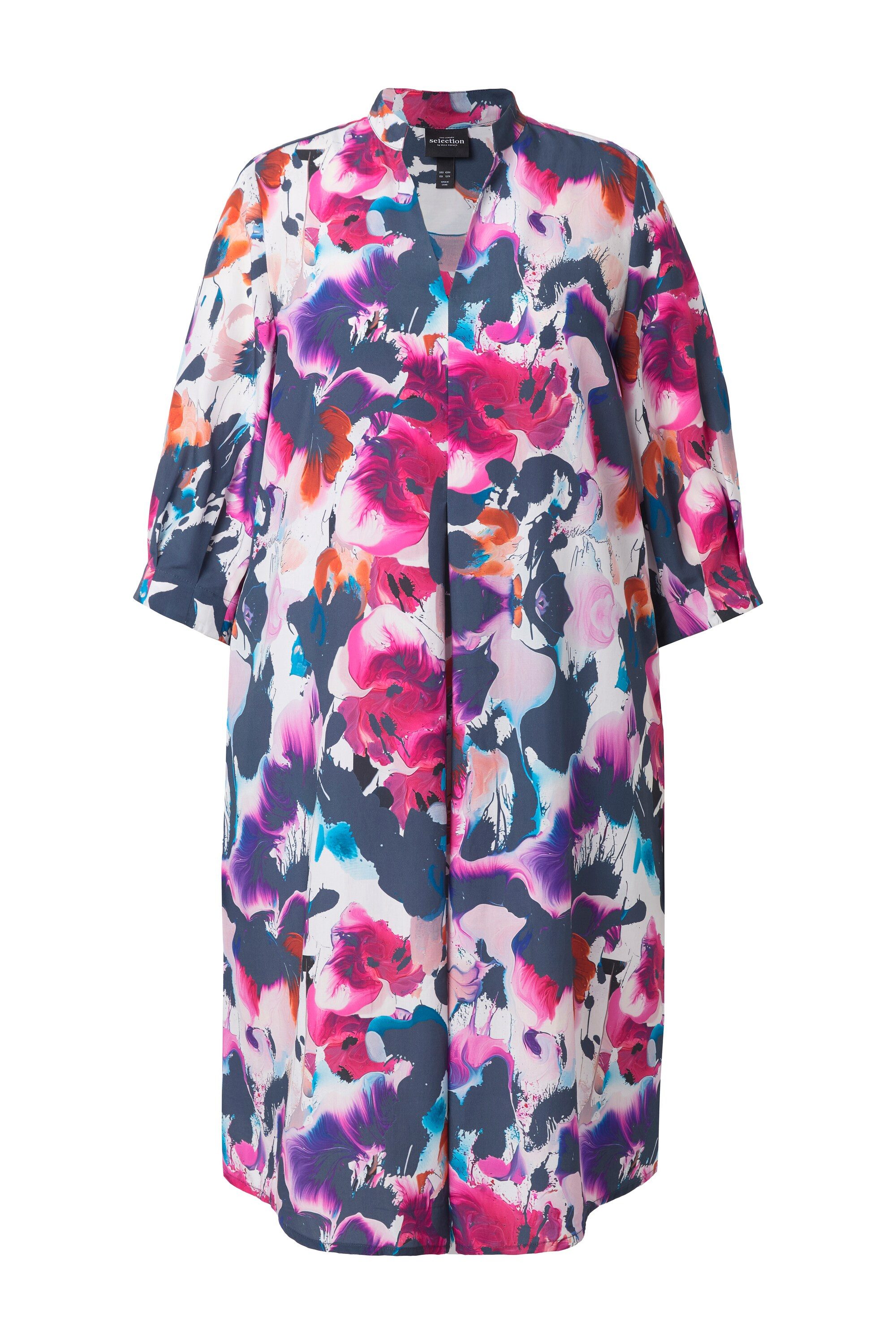 Ulla Popken Midikleid Lyocell-Midikleid Aquarell A-Linie V-Ausschnitt