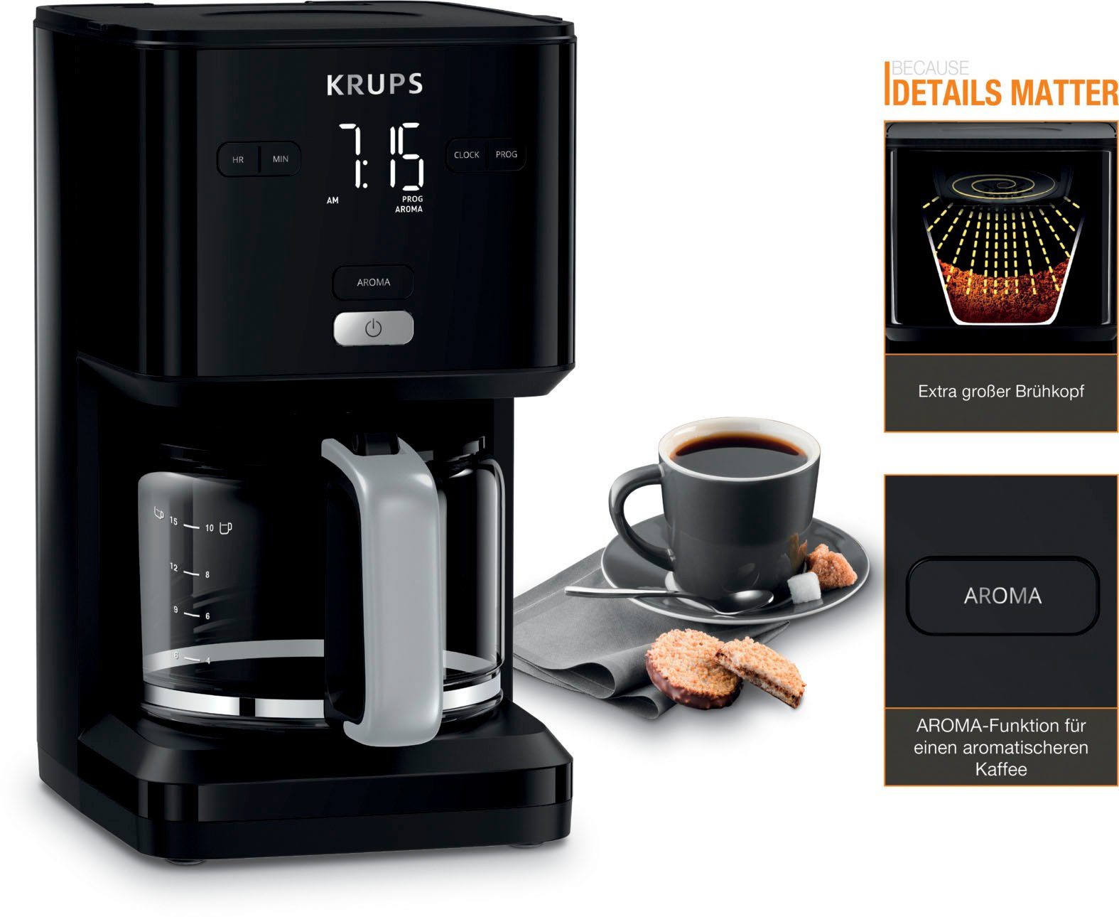 Krups Filterkaffeemaschine KM6008 Light, Minuten nach 1,25l Abschaltung 30 Kaffeekanne, automatische Smart'n 24-Std-Timer