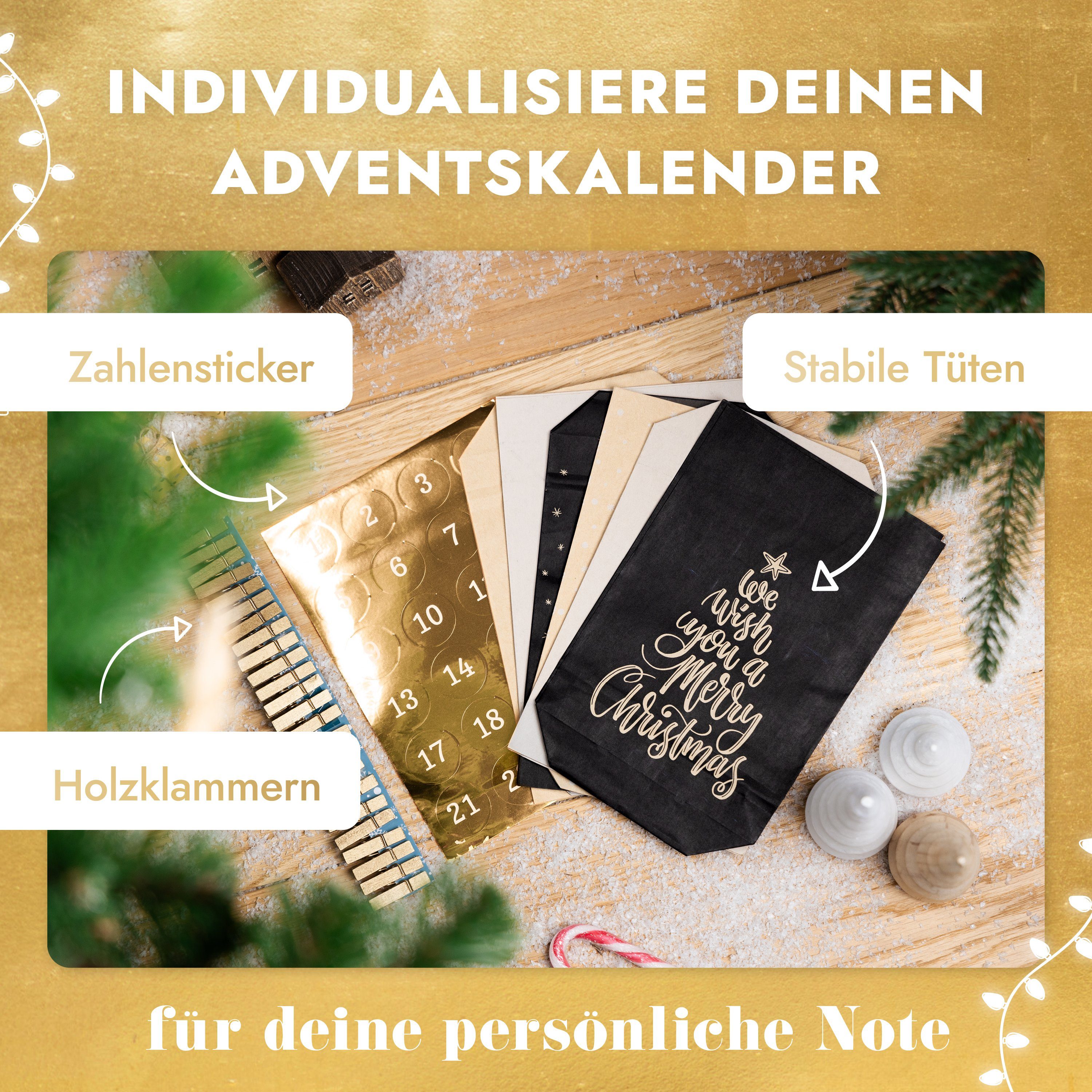 Amari befüllbarer Adventskalender Adventskalender zum Befüllen 2026, 24 Papiertüten 14×22 cm mit Zahlen (DIY Set, 72-tlg), Designs für Kinder & Erwachsene, wied – Bild 4 von 5