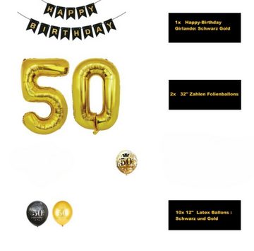 Montegoni Aufblasbares Partyzubehör 50 Geburtstag Deko Set Schwarz Gold, 20 Teilig Set: Girlande, Zahlen, Stern, Konfetti, Latex Ballons