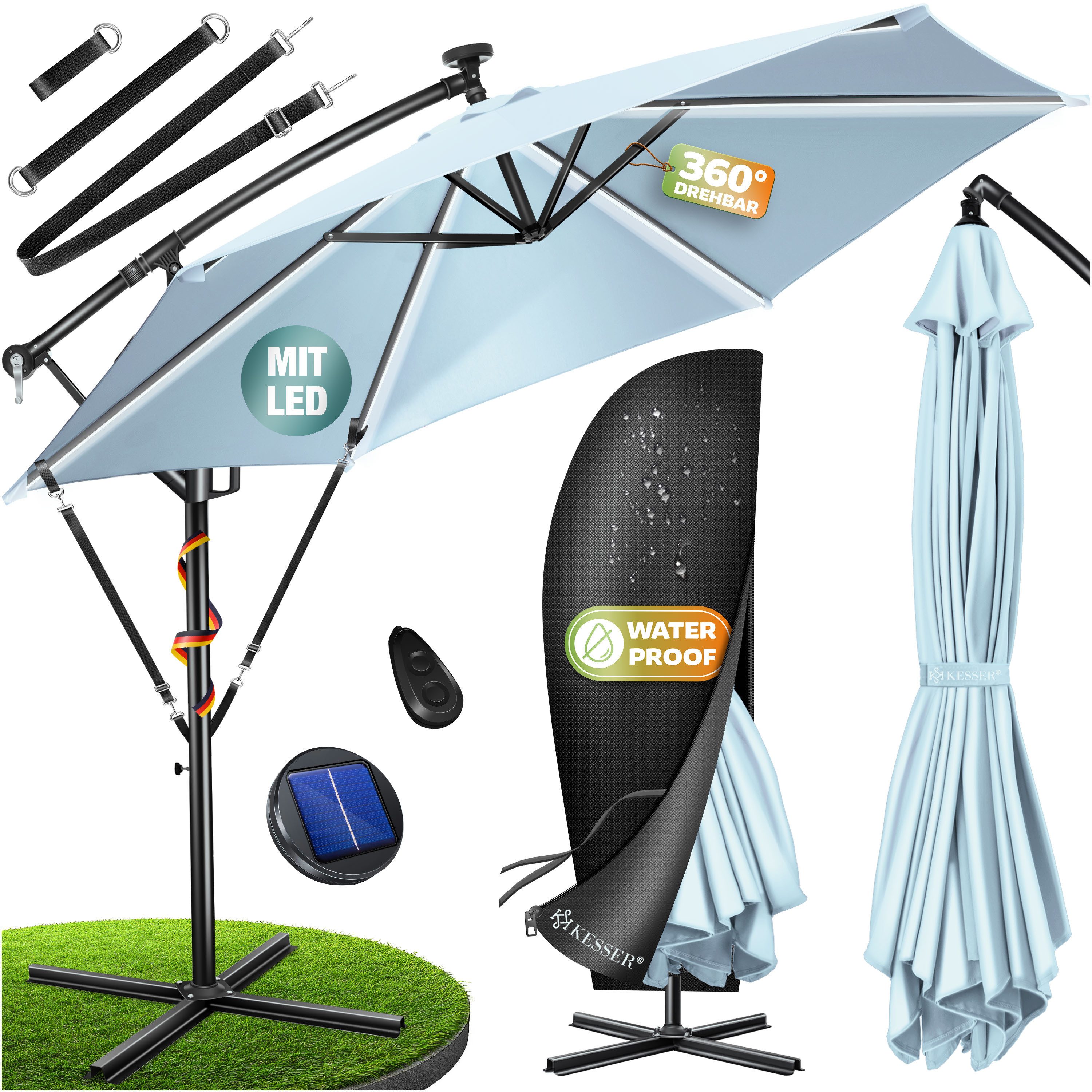 KESSER Ampelschirm ⌀300cm Alu Sonnenschirm mit LED Solar Inkl. Abdeckung & Fernbedienung, Kurbelschirm mit Ständer Wasserabweisend, 360° Funktion & UV-Schutz