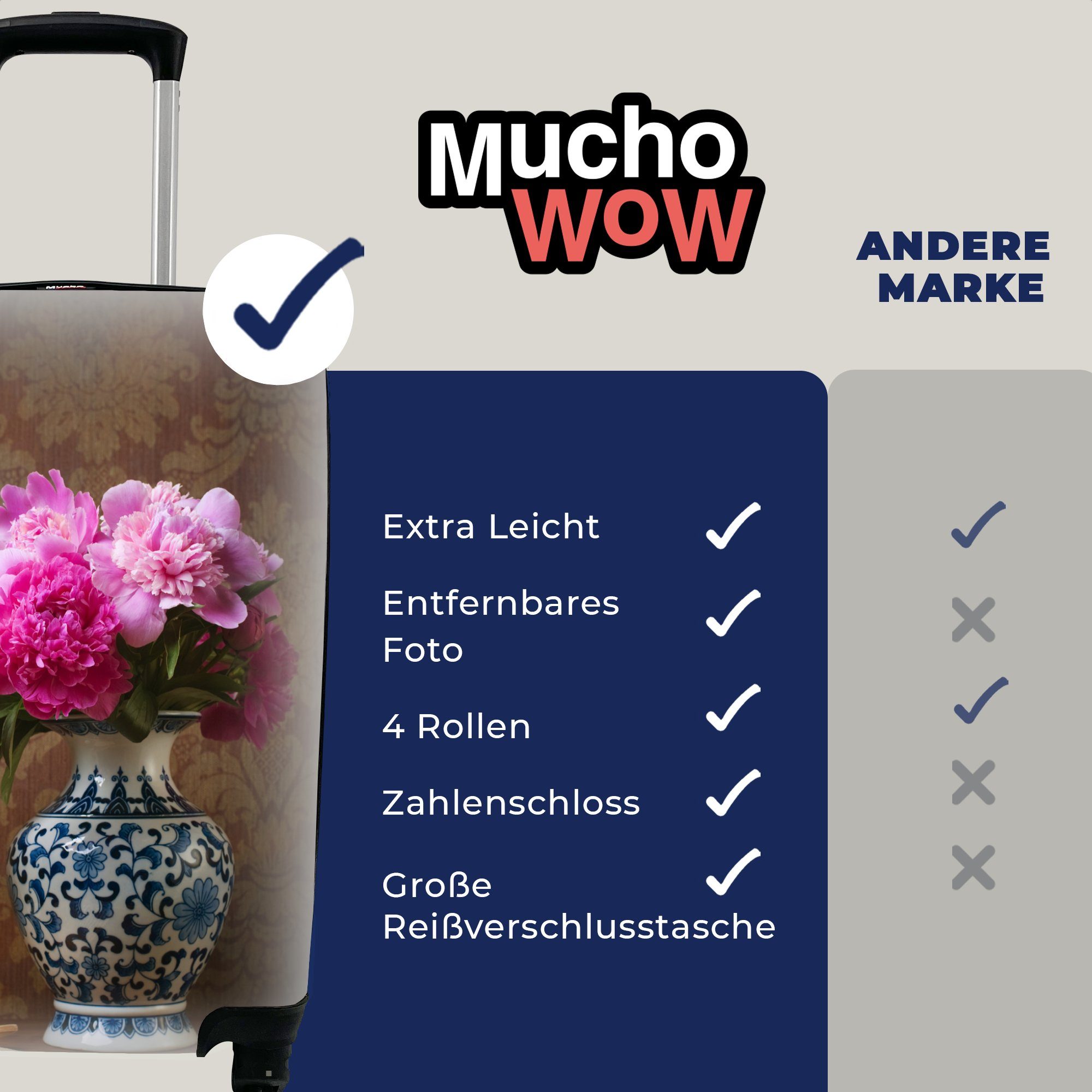 MuchoWow Handgepäckkoffer Pfingstrosen - Vase Trolley, 4 Handgepäck Reisekoffer mit rollen, Rollen, Reisetasche - Ferien, für Farben