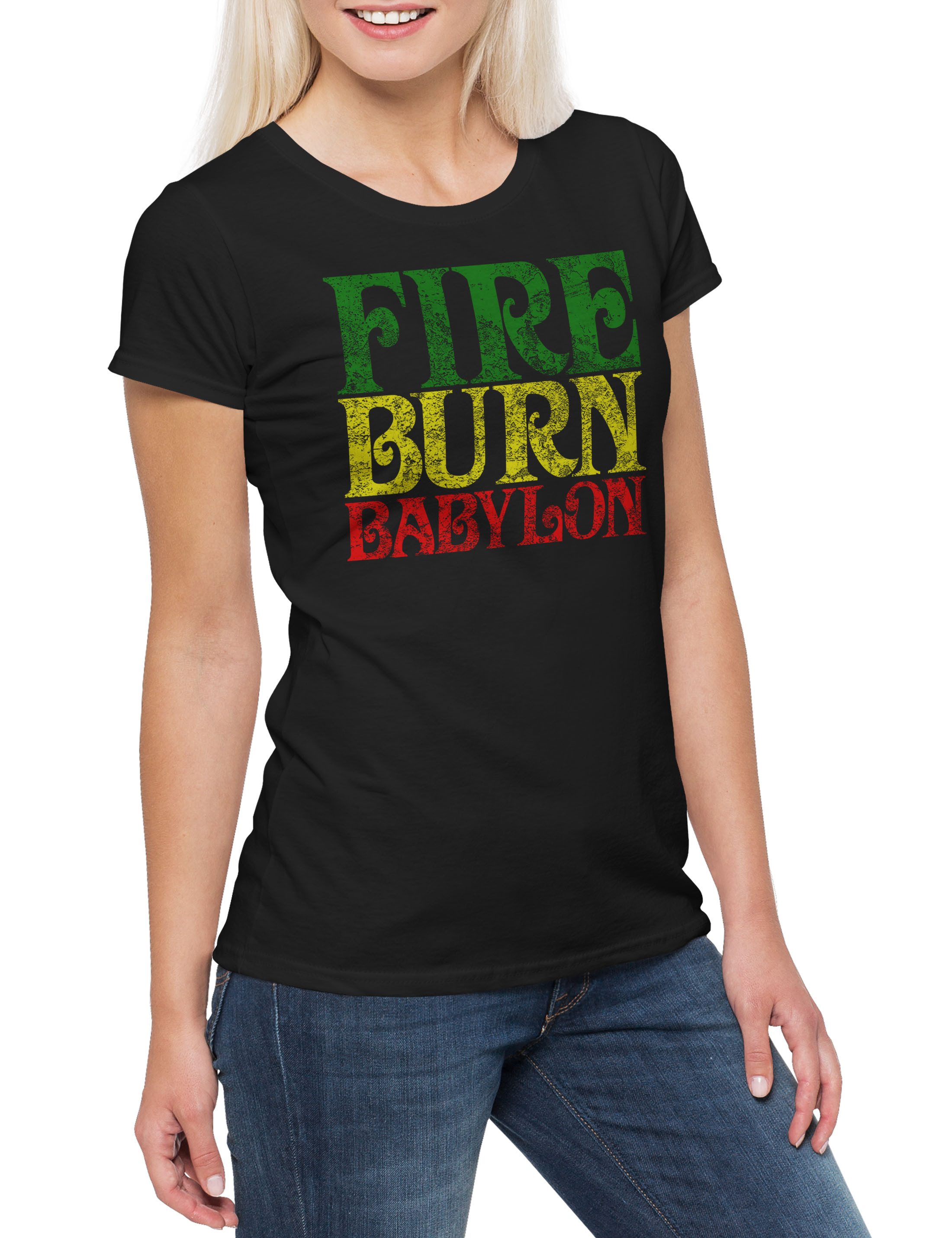 Print-Shirt Fire Burn Babylon Damen T-Shirt Reggae Music Jah Babylon Musik