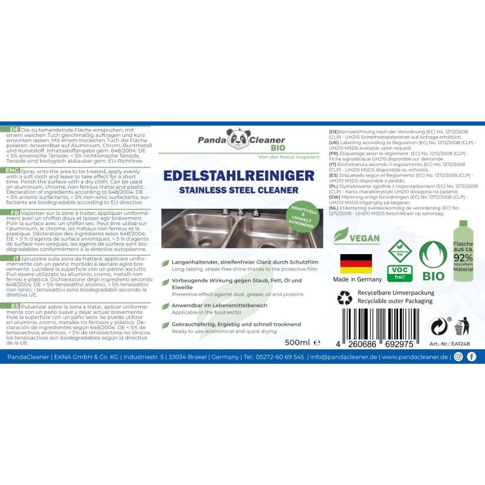 PandaCleaner Edelstahl-Reiniger - Edelstahlpflege - Flächenreiniger Edelstahlreiniger (1-St. 500ml Allerhöchste Materialschonung)
