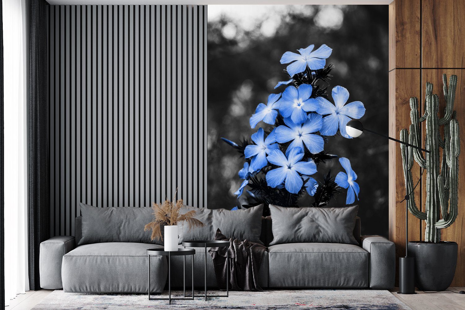MuchoWow Fototapete Blumen - Tapete Blau, Vinyl Wandtapete bedruckt, Matt, - Weiß Wohnzimmer, (3 für St), - Montagefertig Schwarz