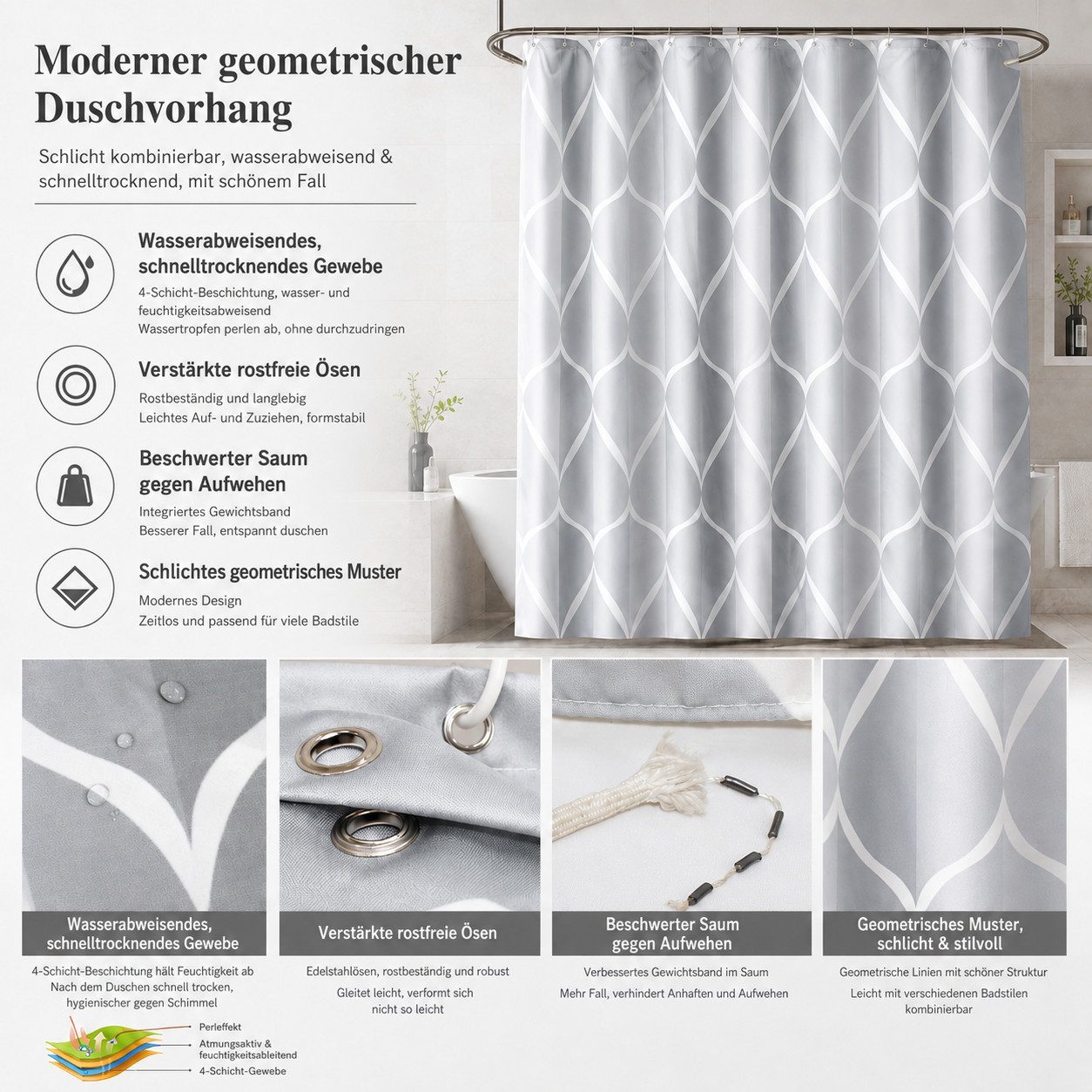 VEKROBOT Duschvorhang Grauer wasserdichter Duschvorhang schlicht, extra stark fürs Bad (Set, 1-tlg., Verdickter Polyester-Duschvorhang), Schlichter, extra stark – Bild 5 von 5