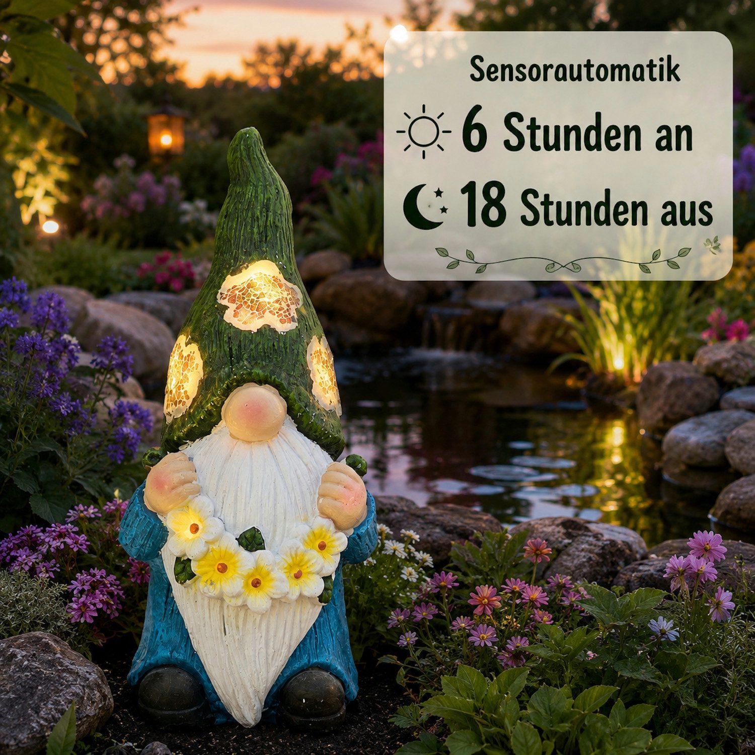 INtrenDU Gartenzwerg mit Solar-Blumenmütze 39 cm, (1 St), Lichtsensor-Automatik: 6 Std. an / 18 Std. aus