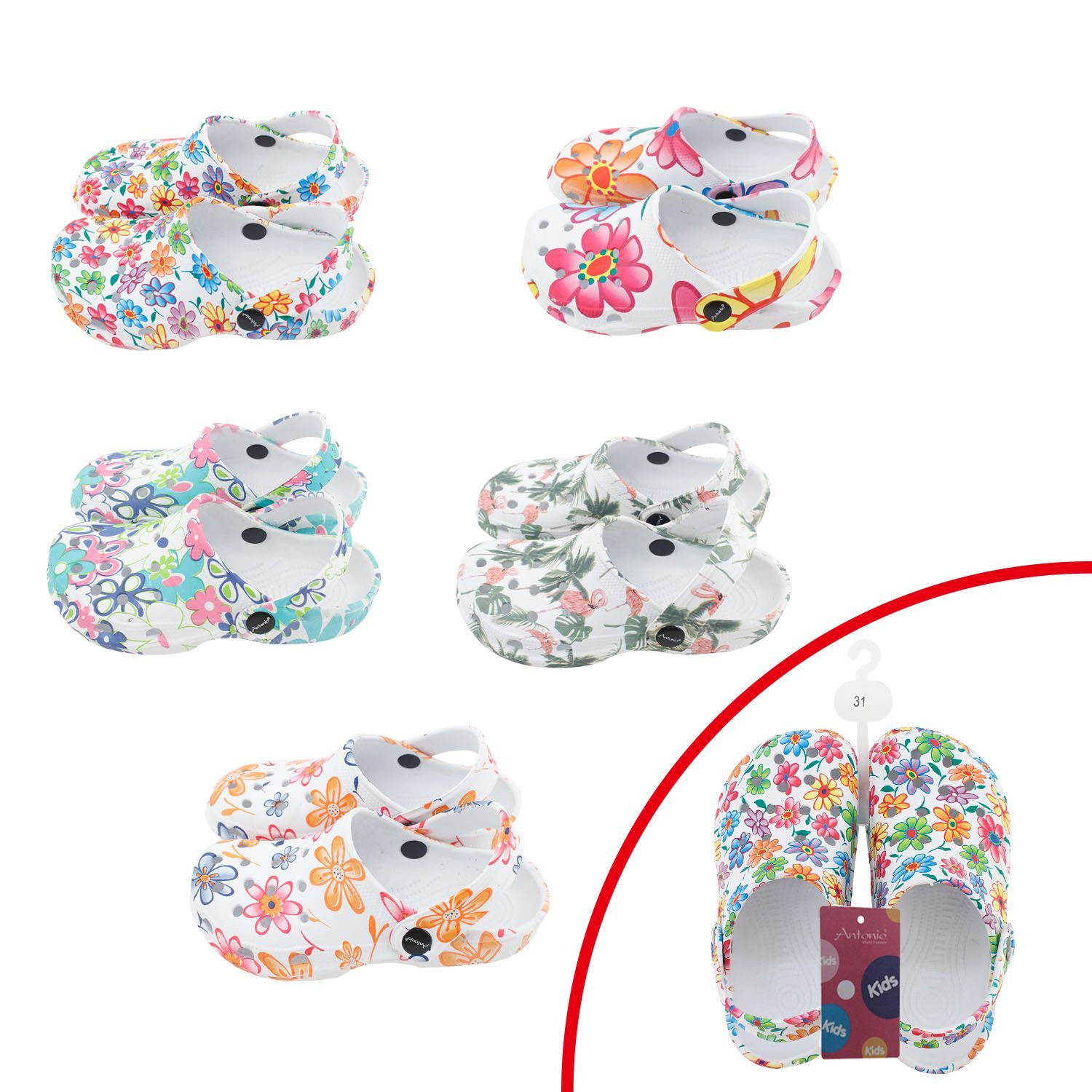 VewoTex Baby & Kinder Clogs mit Blumenmuster » günstige Kinderschuhe Clog (1 Paar Clogs, 2-tlg., Kein Set) Kinder Badeschlappen » Badelatschen mit Riemen & Cut-Outs