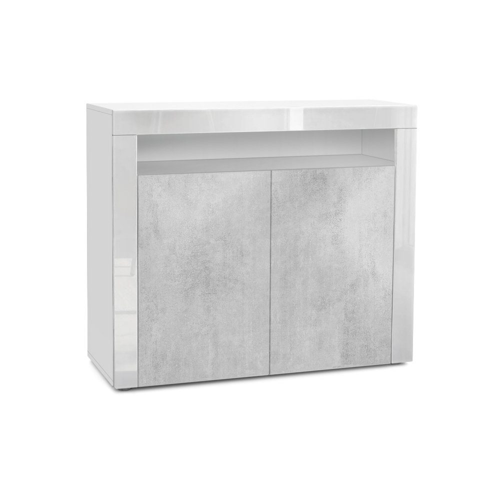 Vladon Kommode Valencia (Sideboard, mit 2 Türen und 1 offenem Fach), Weiß matt/Beton Oxid Optik/Weiß Hochglanz (108 x 92 x 40 cm)