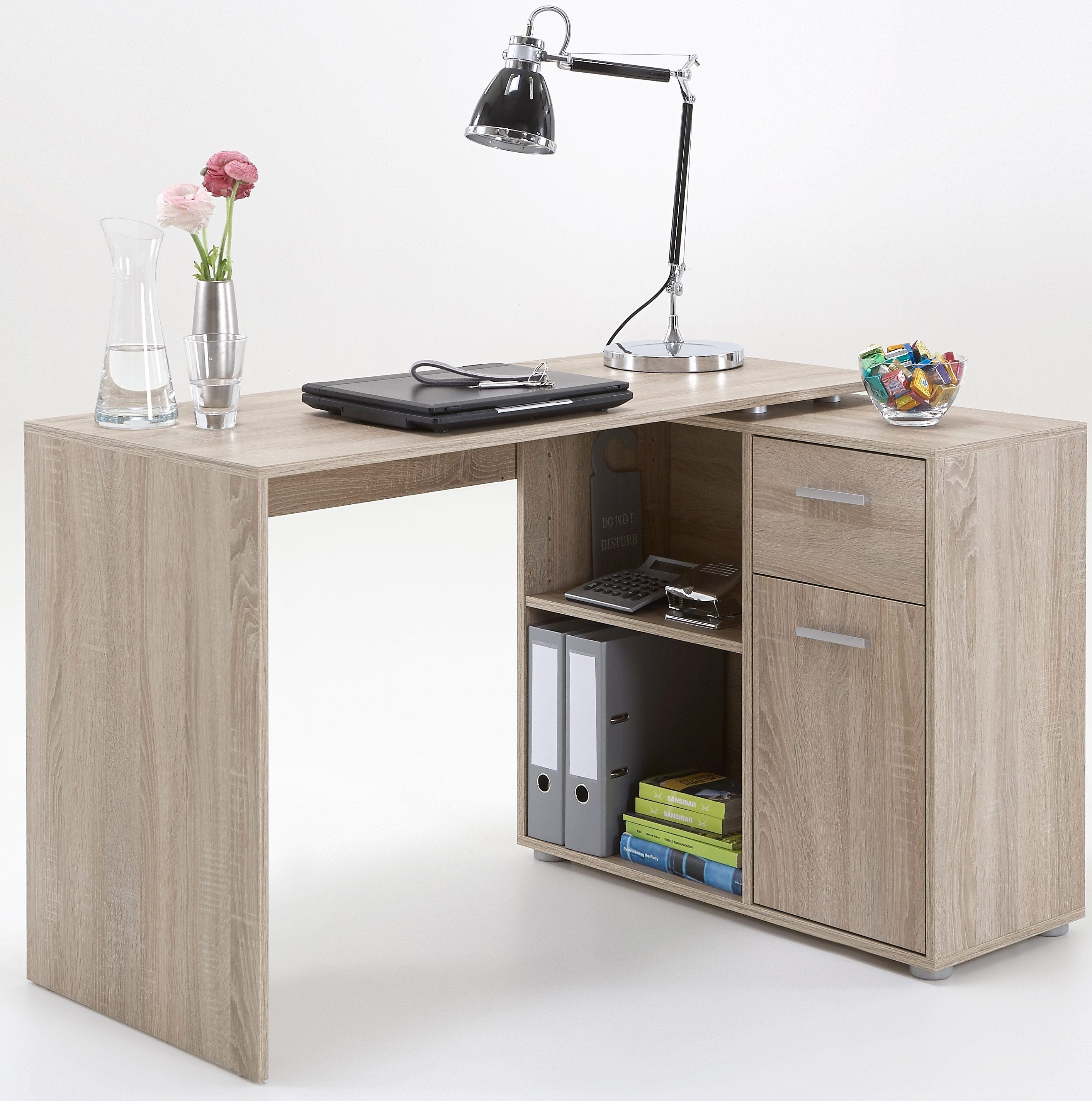 FMD Eckschreibtisch AUGSBURG, Schreibtisch / Breite eichefarben Sideboard 117/148 drehbar, Stauraum, cm mit