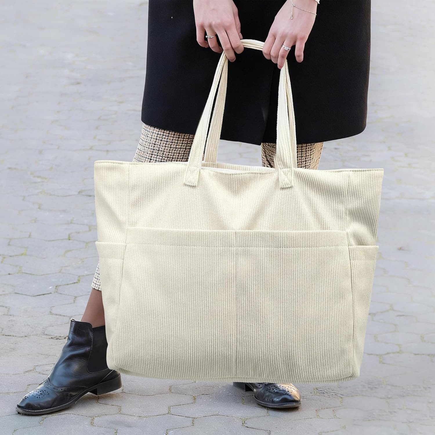 FOUORTUNATE-BEE Umhängetasche Große Cord Schultertasche Damen – Stilvoll für Alltag & Büro, Cord Shopper Damen Groß – Modische Tasche für Beruf & Freizeit – Bild 4 von 5
