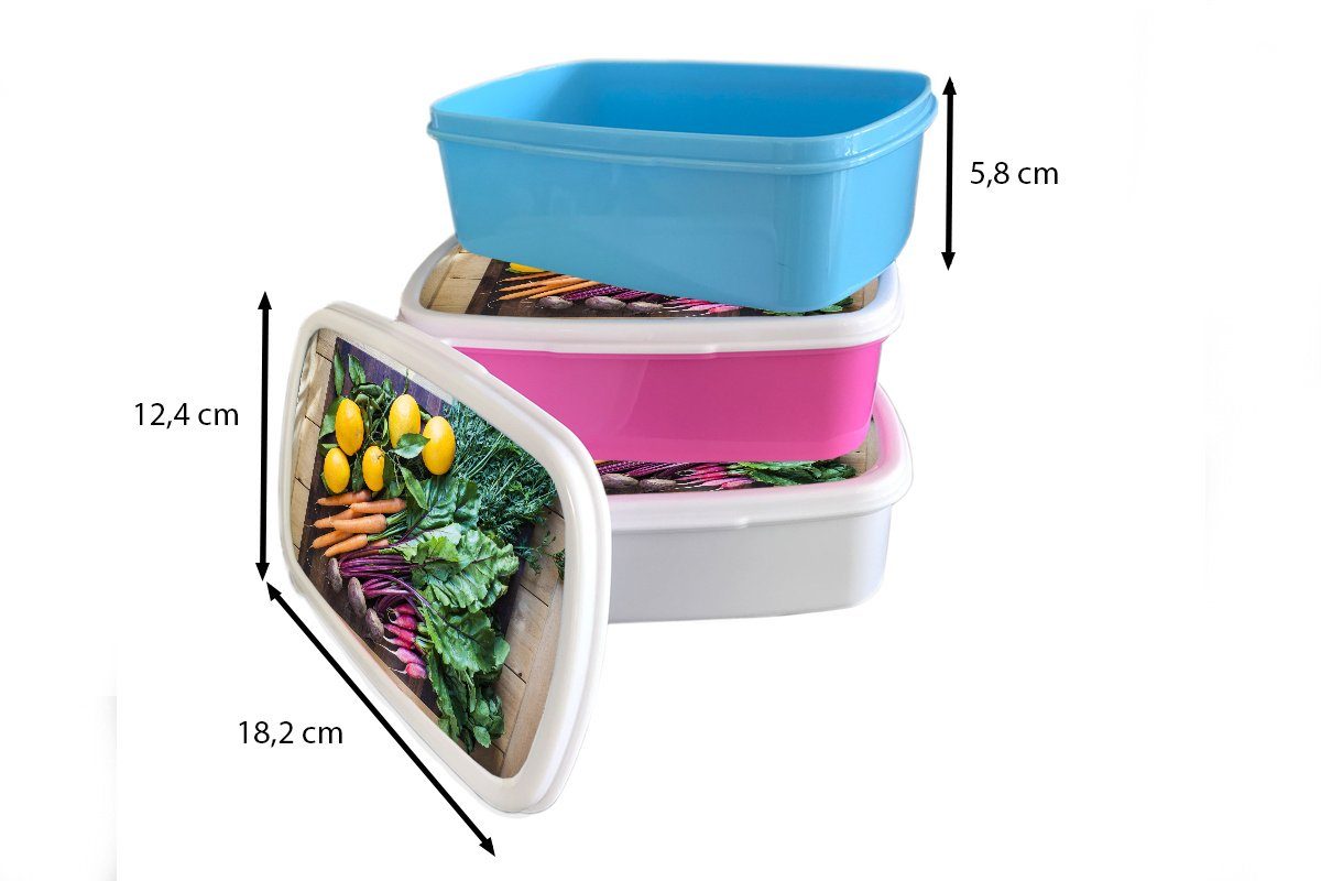 Jungs MuchoWow Erwachsene, Mädchen - und Gemüse weiß Obst und Lunchbox (2-tlg), Holzkiste, Kinder Brotdose, Brotbox Kunststoff, für für -