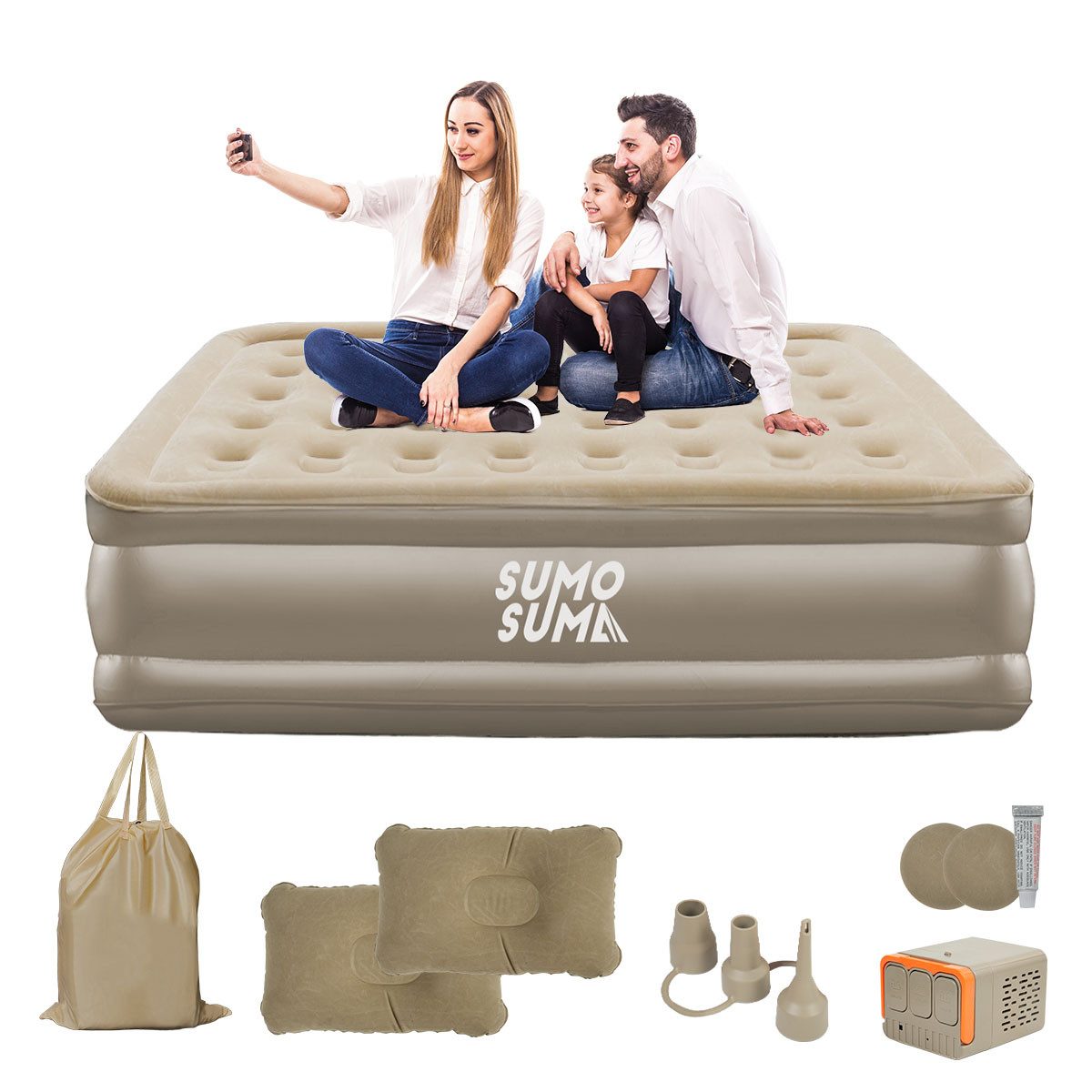 Sumosuma Luftbett Luftmatratze Camping für 2 Personen mit Luftpumpe und 2 Kissen, (Set, mit Tragebeutel), Campingmatratze 190x148x38cm für Indoor und Outdoor