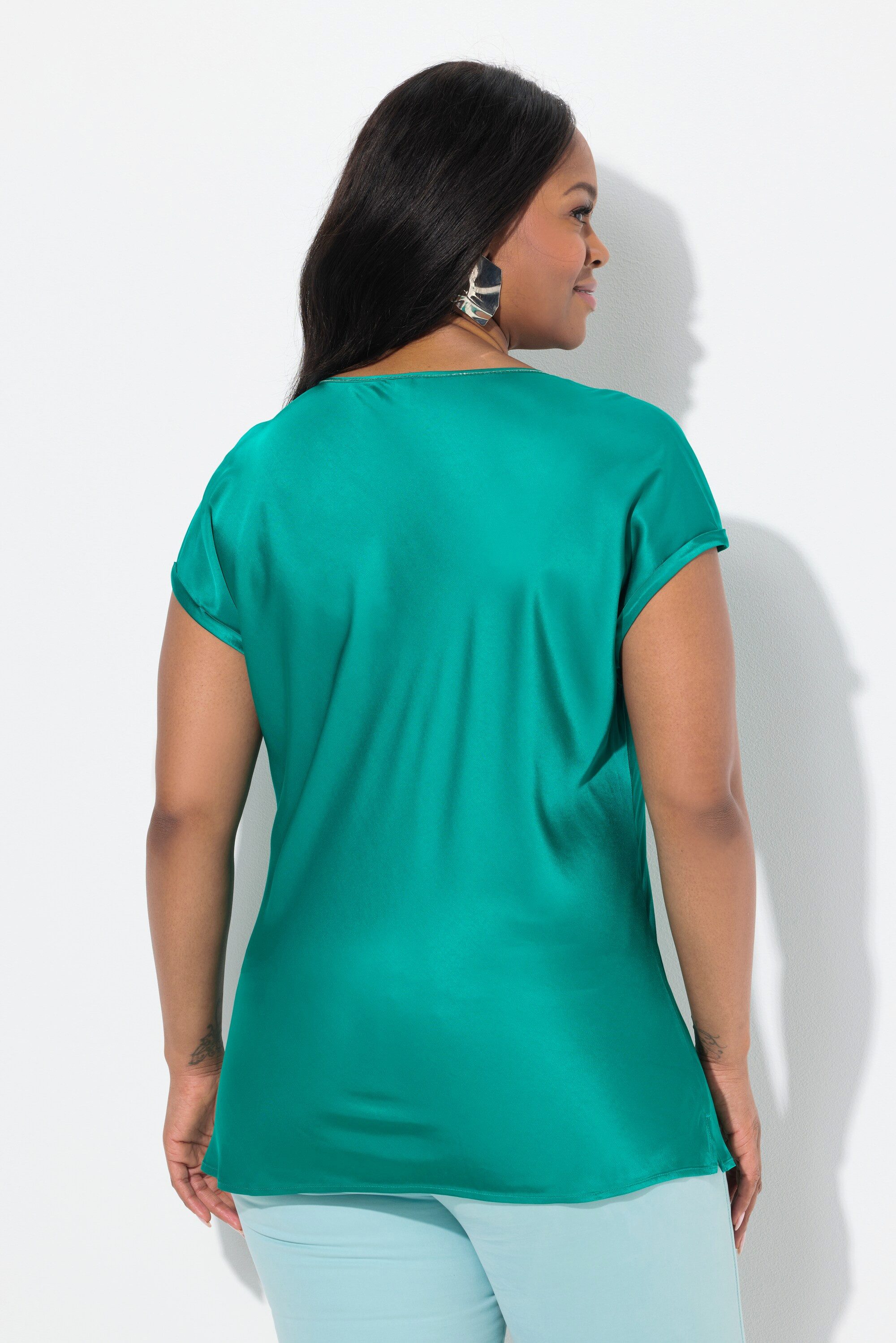Ulla Popken Spitzenbluse Satinblusenshirt Classic Rundhals mit Glitzernaht