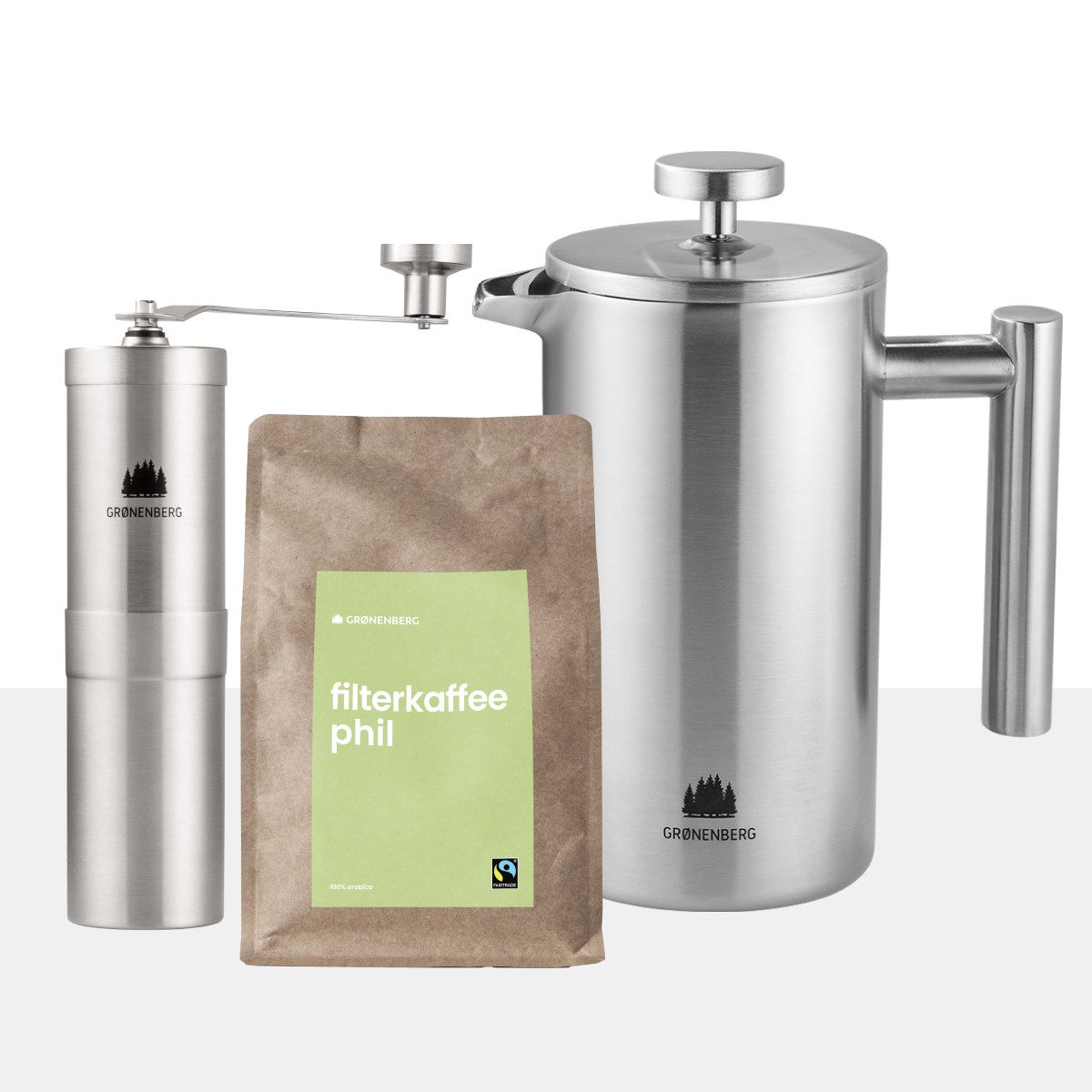 GRØNENBERG French Press Kanne Spar Set 3: Bio Kaffee 250g + Kaffeemühle + French Press (3 Größen), Mit Thermo Effekt & inkl. Ersatz Filter