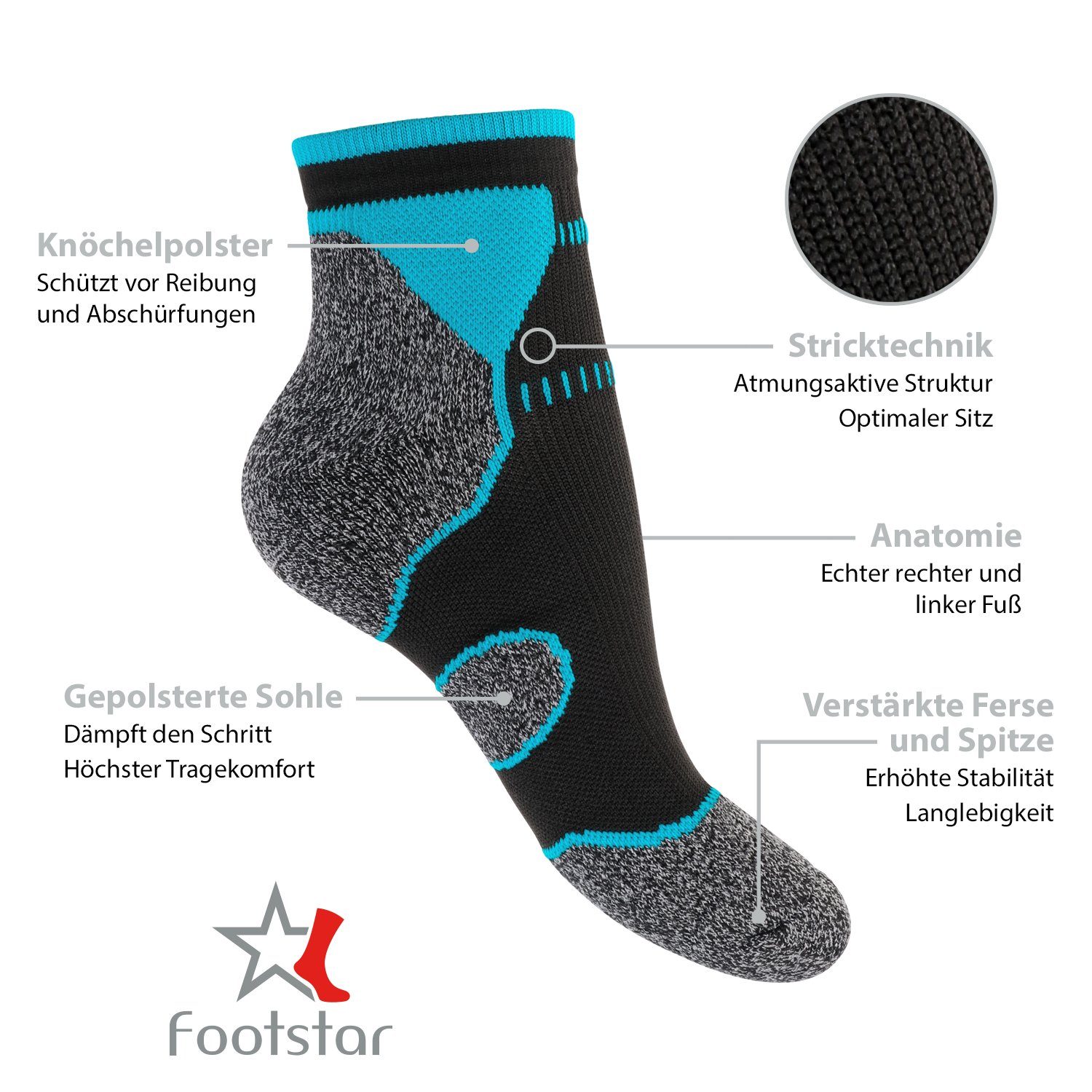 (6 Sportsocken Damen Socken Laufsocken Funktions Schwarz/Blau Paar) Sport & Footstar Herren