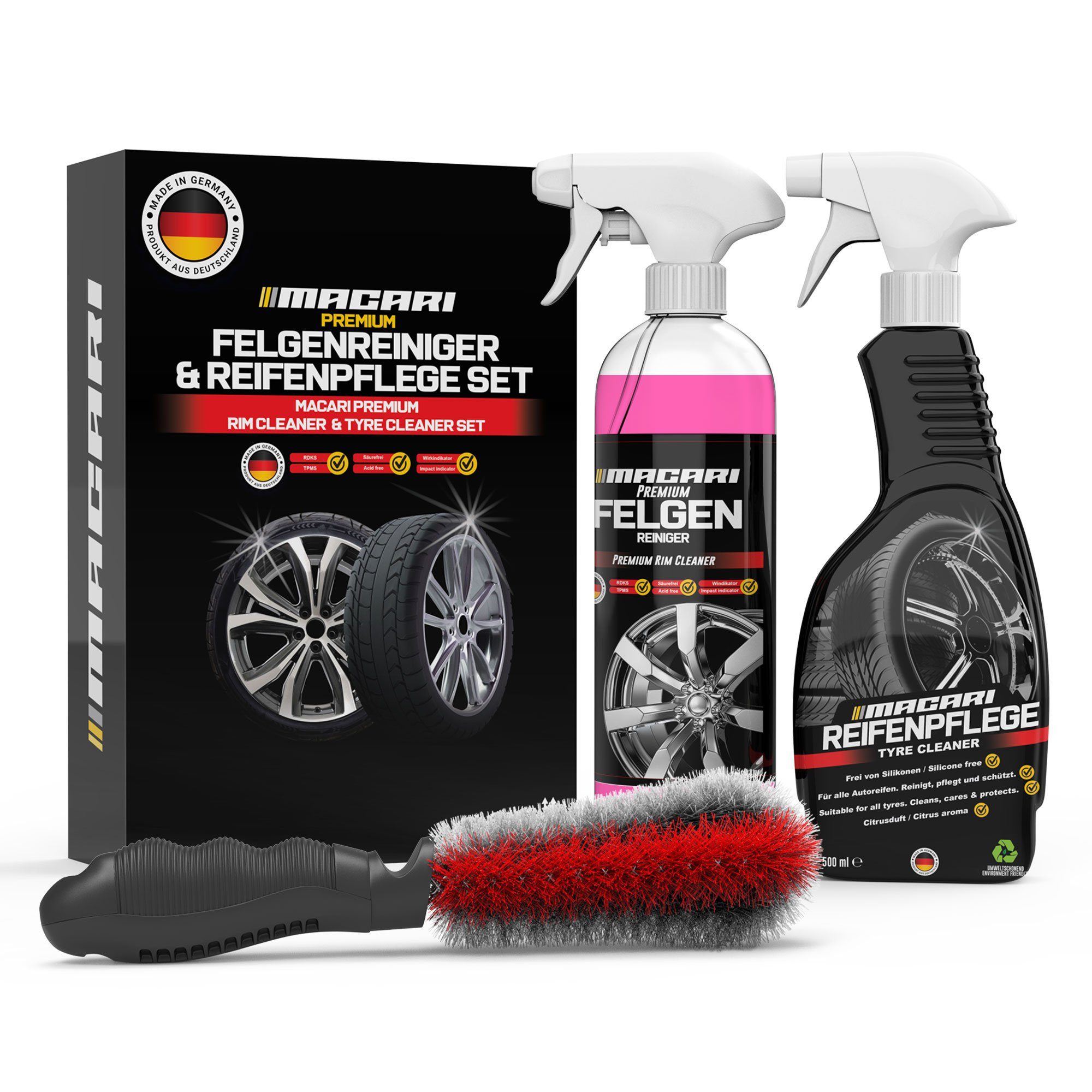 Macari Autopflege Reinigungsset Reifenpflege mit Felgenbürste