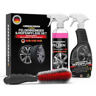 Macari Autopflege Reinigungsset Reifenpflege mit Felgenbürste Reifenglanz Felgenreiniger (3-St. 1 Liter)