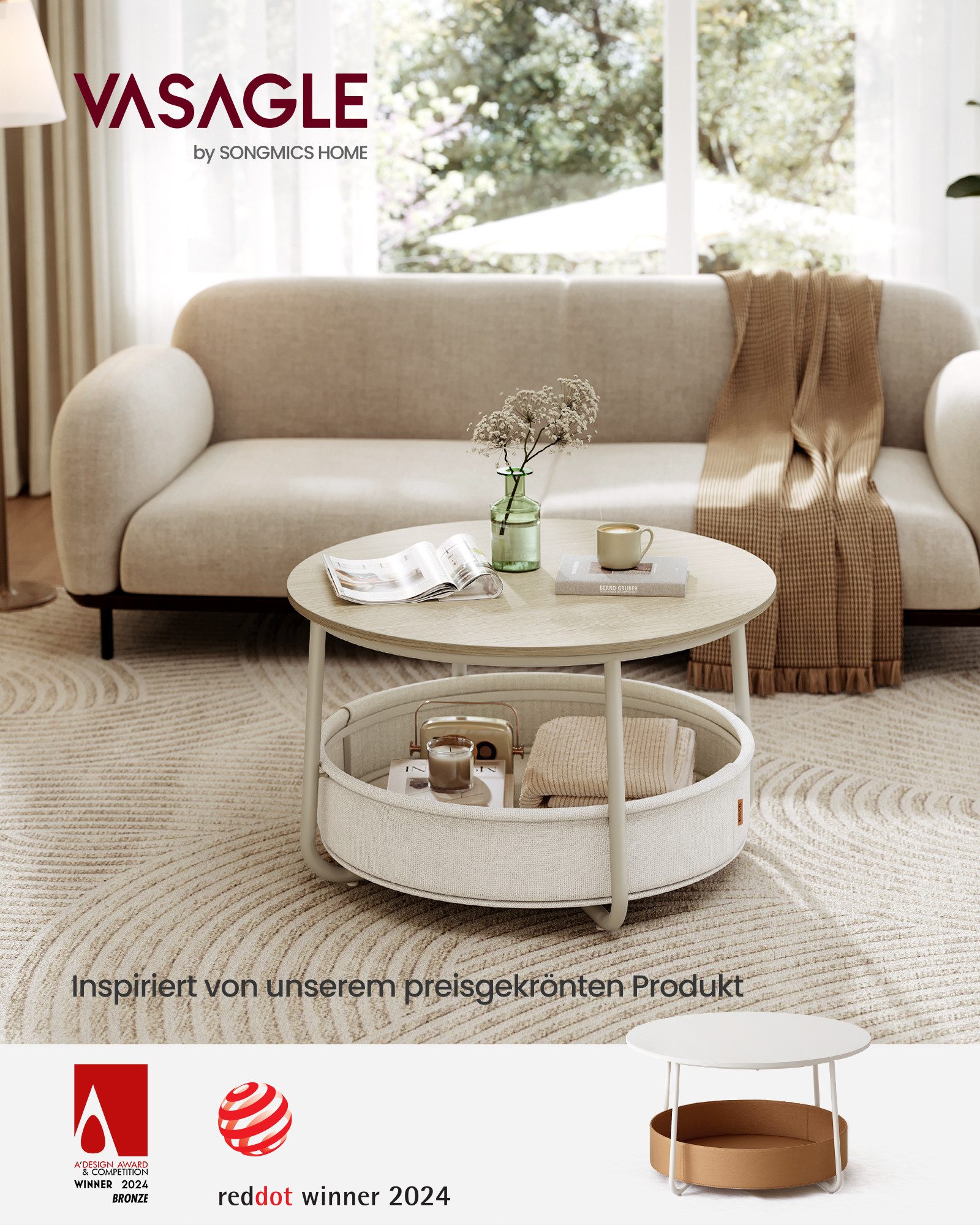 VASAGLE Couchtisch mit großem Stoffkorb, viel Stauraum, Sofatisch, Metallgestell (inkl. Zubehörpaket & Anleitung), Beistelltisch rund Wohnzimmertisch modern minimalistisch, ∅75 x 45 cm