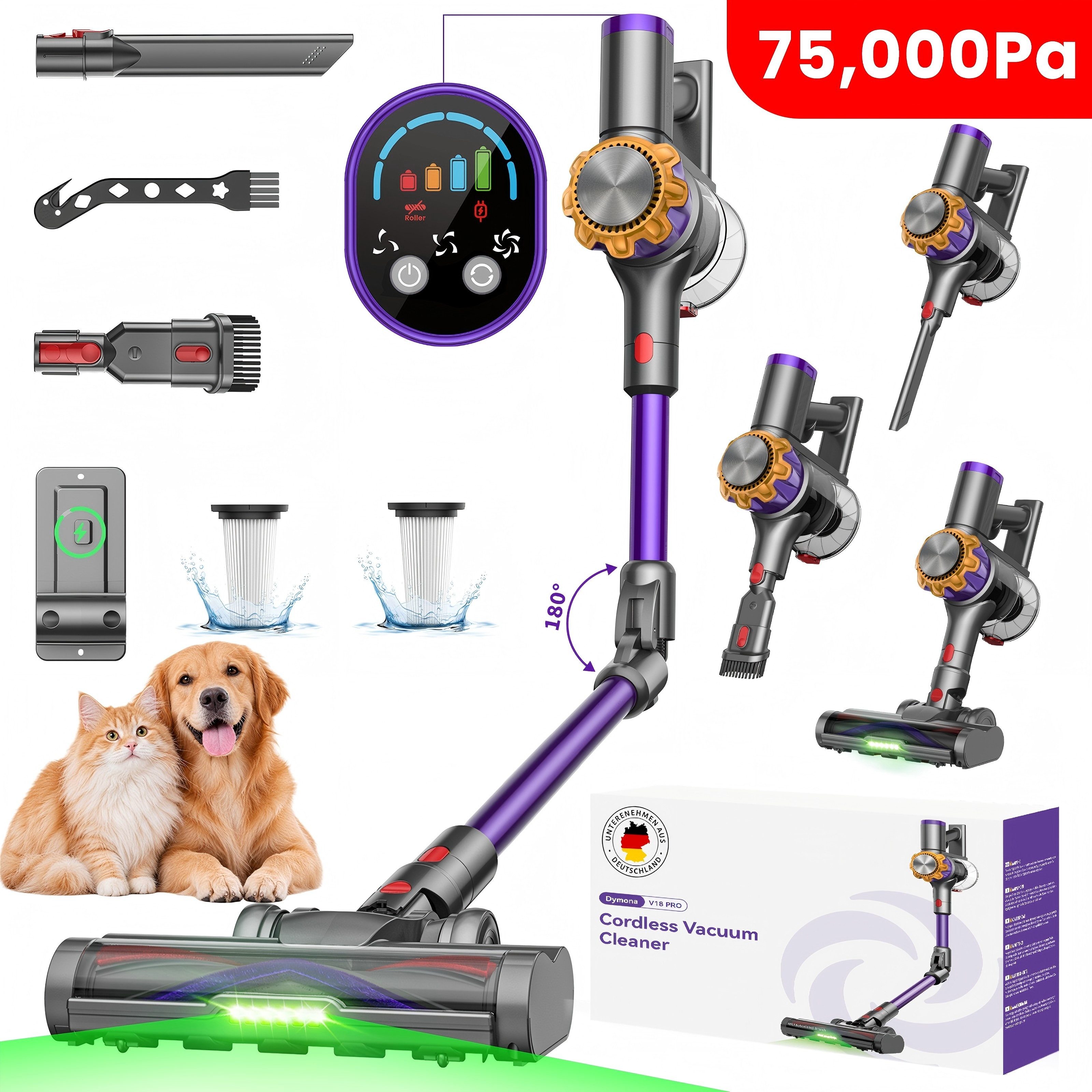 DyMona Akku-Hand-und Stielstaubsauger 75000Pa Akkustaubsauger 600W/70Min. Staubsauger Kabellos freistehend, 1,2L Elektrischer Staubsauger Flexibles Biegegelenk,Anti-Tangle Bürste, 7-fach Filtersystem,OLED Display für Böden/Teppiche/Auto/Allergiker