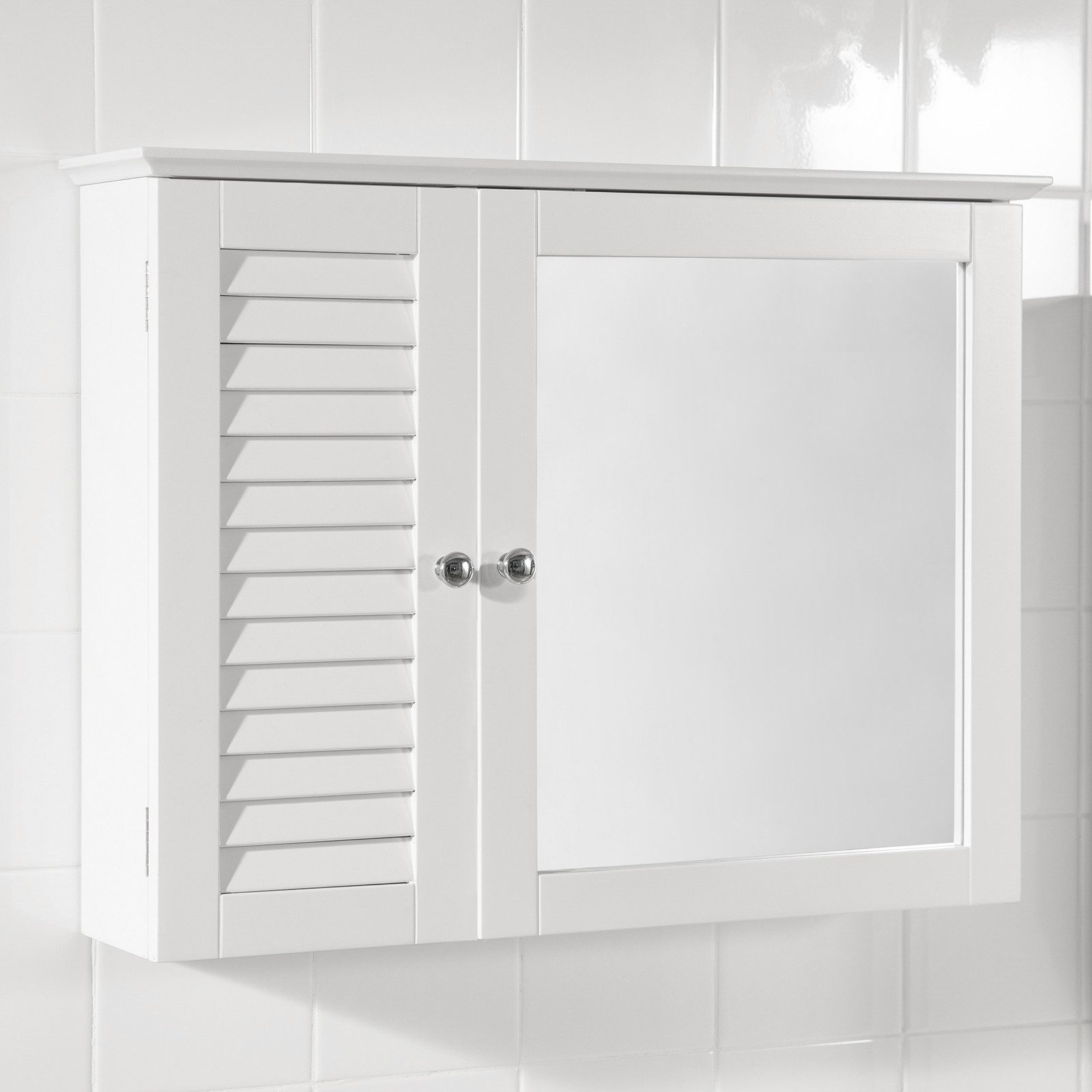 SoBuy Badezimmerspiegelschrank BZR55, Spiegelschrank Hängeschrank, Badezimmerschrank mit Spiegel mit Lamellentür, Wandschrank mit Spiegeltür, Verstellbare Regale