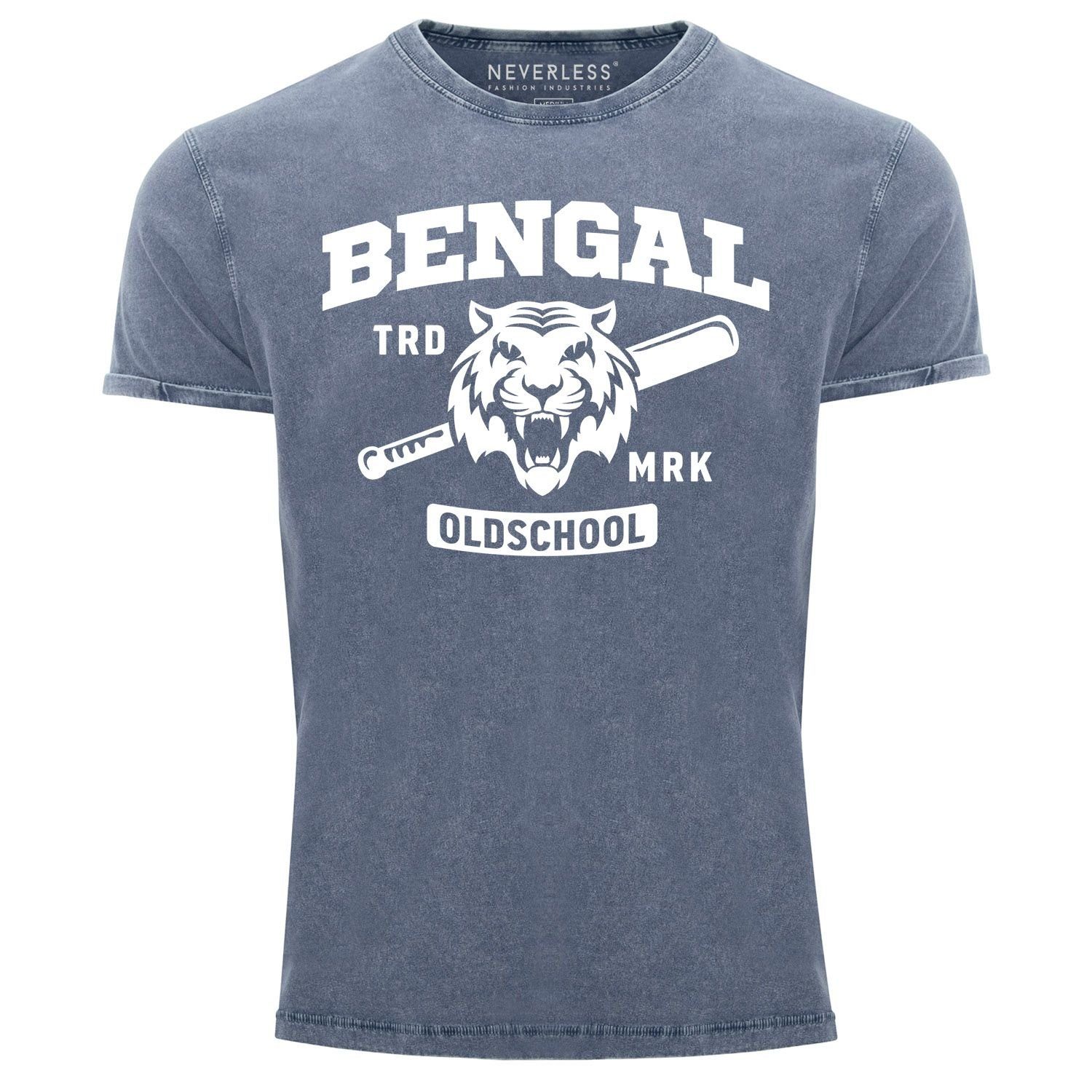 Neverless Print-Shirt Herren Vintage Shirt Sport blau mit Neverless® Baseball Fit Aufdruck Printshirt Slim Bengal Print T-Shirt Used USA Look Tiger