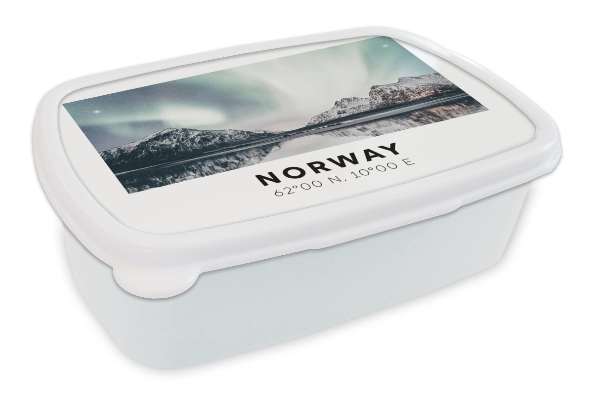 MuchoWow Lunchbox Norwegen - Nordlichter - Wasser, Kunststoff, (2-tlg), Brotbox für Kinder und Erwachsene, Brotdose, für Jungs und Mädchen weiß