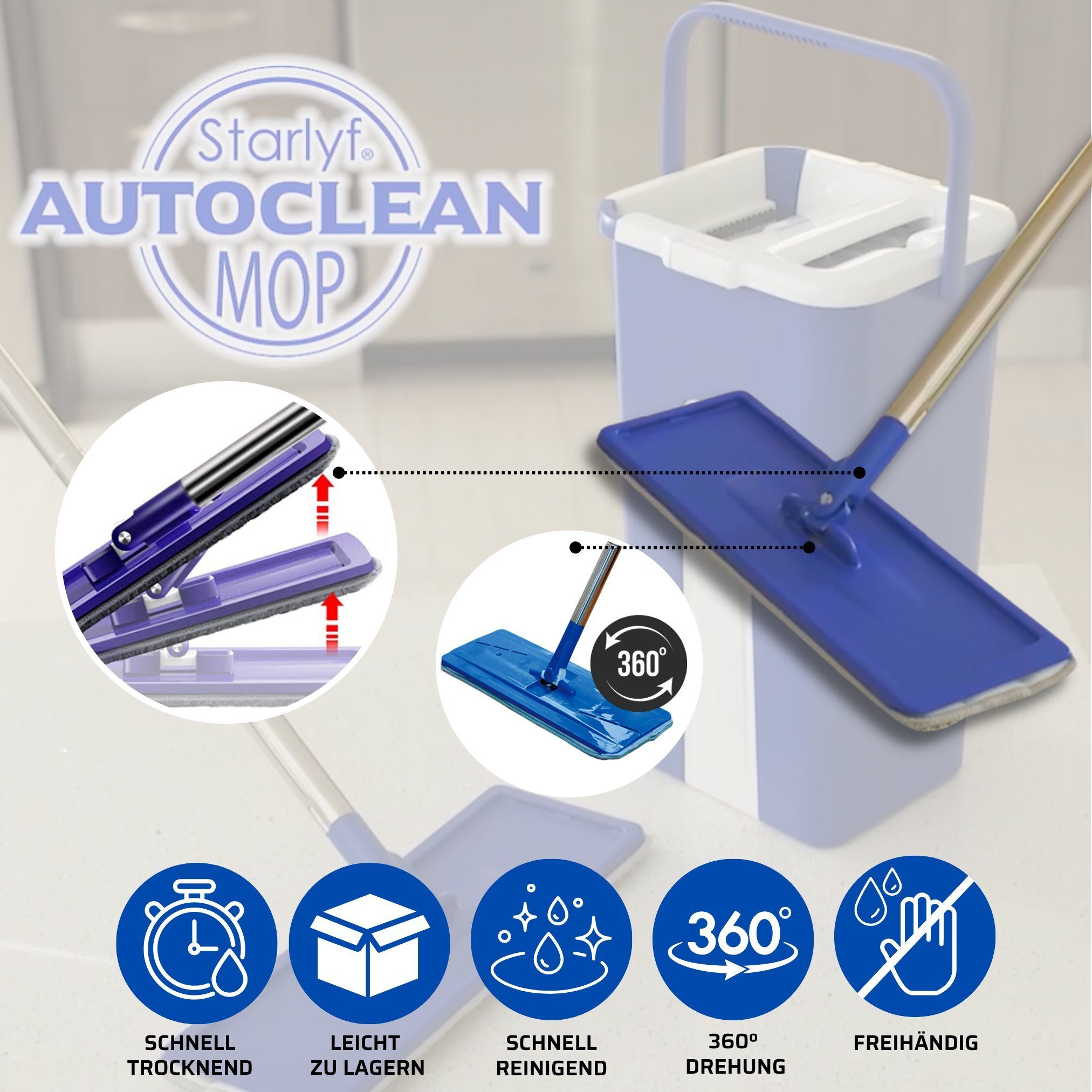 Starlyf Autoclean Bodenwischer-Set, Wischmopp selbstreinigendes beutellos, Doppelkammereimer, Wischsystem, Liter Mop 2,7