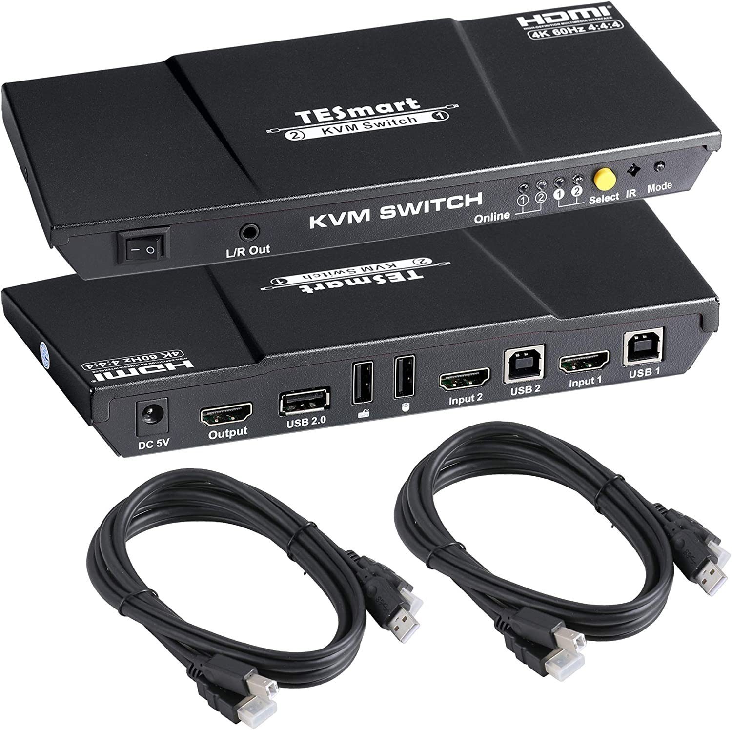TESmart »HDMI KVM Switch 2 Port 4K@60Hz 4:4:4 Ultra HD 2 PC 1 Monitore mit  zusätzlichem USB 2.0 Port & L/R Audio-Ausgang Steuert bis zu 2 PCs/Server/DVR  enthält 2 Stck. 1,5 m