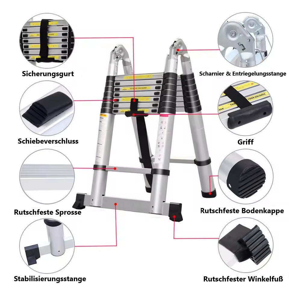 Montegoni Premium 3.2 Meter Telescopic Ladder (150 kg Load Capacity), Robust Aluminum Extension Ladder
