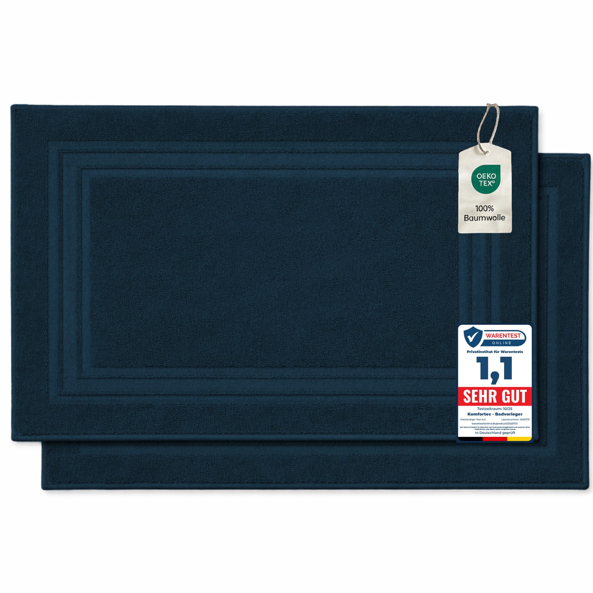 Komfortec Badematte Badvorleger aus 100% Baumwolle, 50x70 cm Duschvorleger, Waschbar Duschmatte, Frottee, Rechteckig, 600 g/m², 2er Set, Saugfähig & Schnelltrocknend