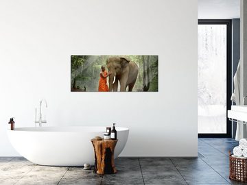 Pixxprint Glasbild wunderschöner Elefant mit Mönch, wunderschöner Elefant mit Mönch (1 St), Glasbild aus Echtglas, inkl. Aufhängungen und Abstandshalter
