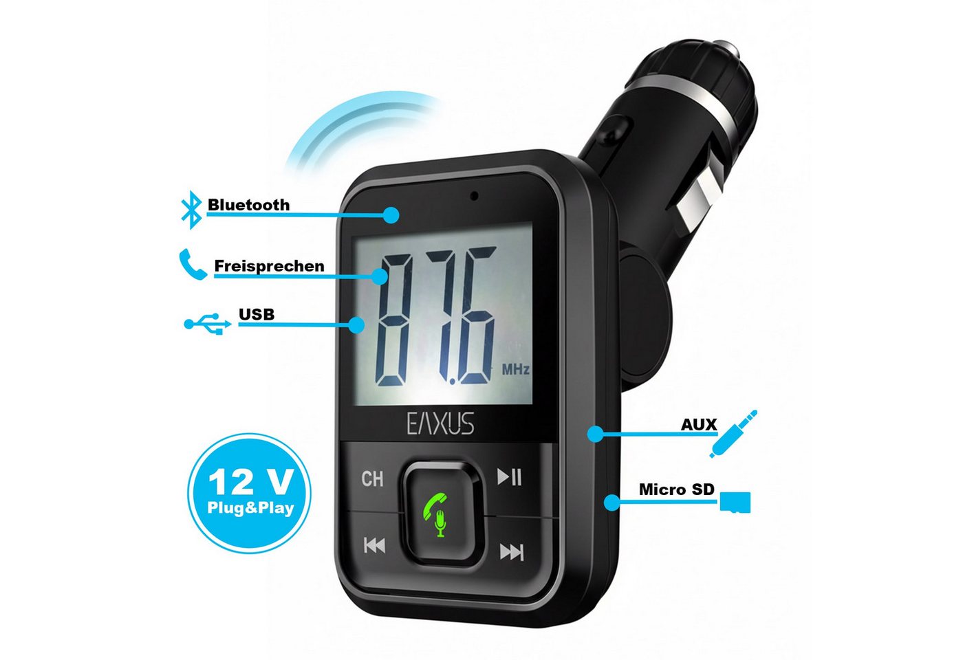 EAXUS Bluetooth FM-Transmitter für Wiedergabe Smartphone -> Autoradio, KFZ-Transmitter Bluetooth, USB-Sticks, 3,5-mm-Klinke, microSD, Mit Freisprechfunktion und USB-Anschluss zum Laden