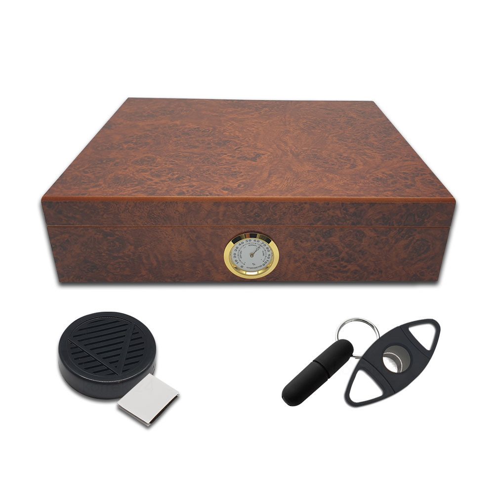 Coumo Humidor Set, Wurzelholz Finish, für ca. 20 Zigarren + Zigarrenschneider