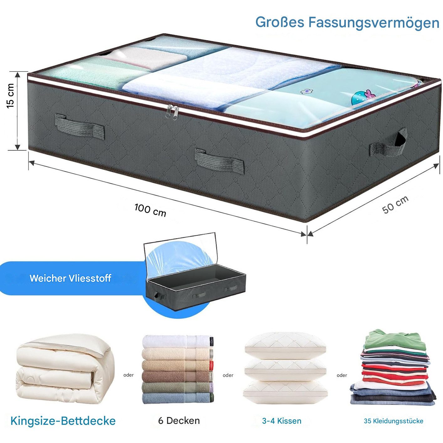 SURFOU Unterbettkommode Unterbett Aufbewahrungsbox Aufbewahrungstasche Unterbett Aufbewahrung (4er Set 90L Große Kapazität, Faltbare Aufbewahrungsbox mit transparent Deckel, Mit 4 Tragegriffen, Doppelreißverschluss, 4 St., für Kleidung, Kissen, Bettdecken und Bettwäsche, 100*50*15cm), für den Einsatz unter dem Bett oder im Schrank