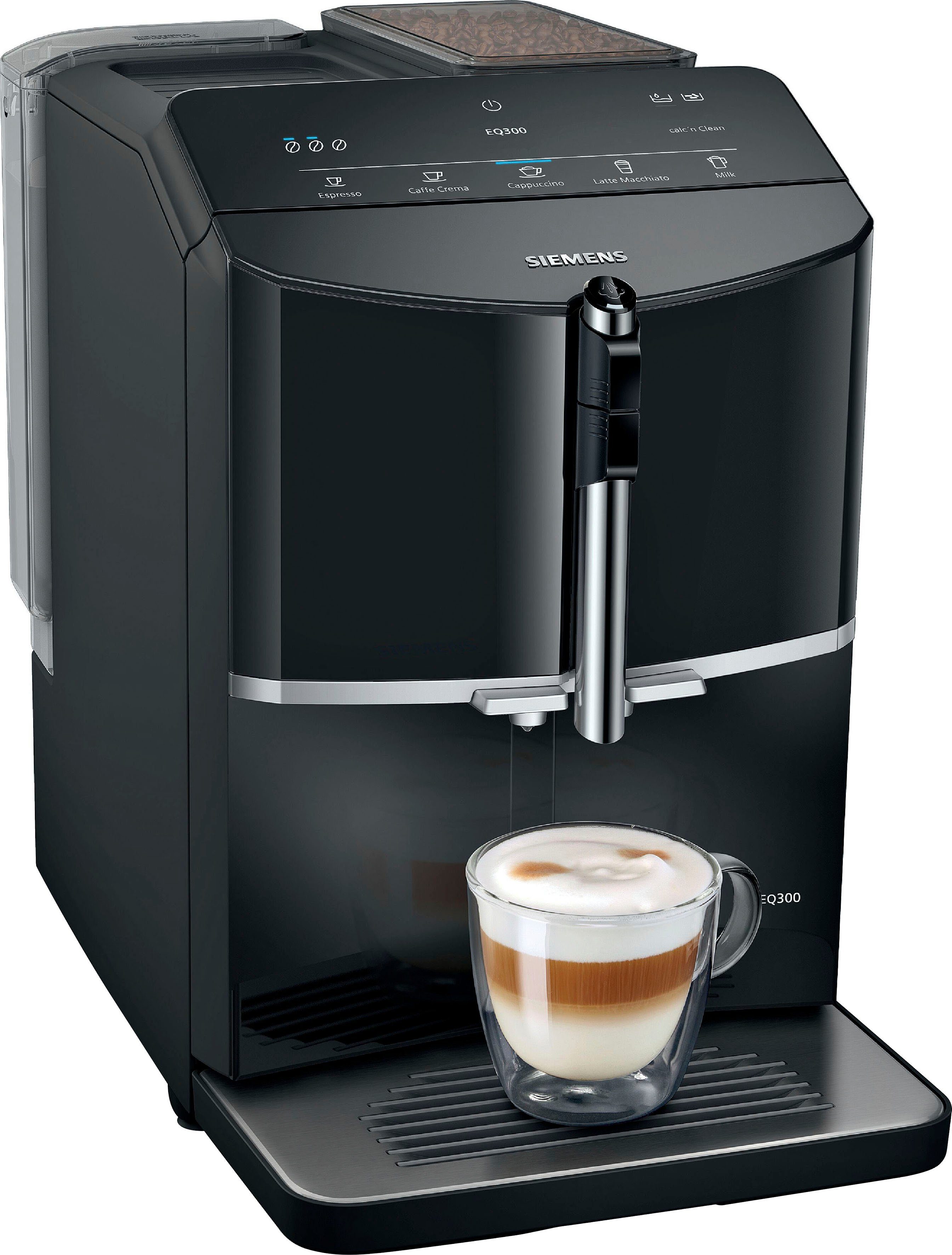 SIEMENS Kaffeevollautomat EQ300 TF301E19, viele Kaffeespezialitäten, OneTouch-Funktion, Milchaufschäumer, Keramikmahlwerk, klavierlack schwarz