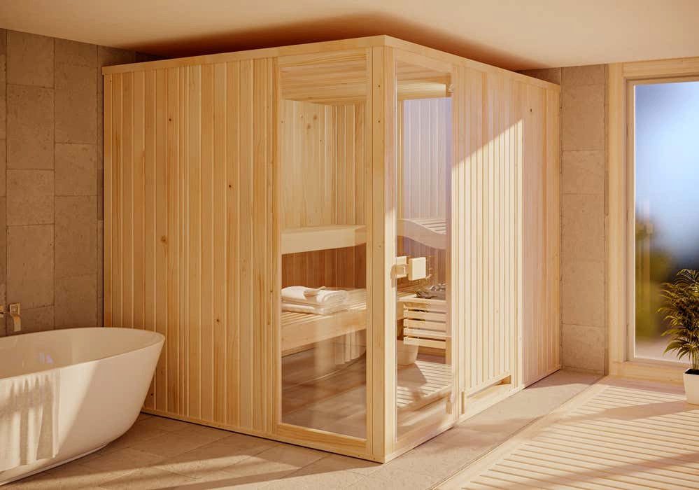 FinnTherm Sauna Innensauna Ergo Ausblick, BxTxH: 244 x 194 x 199 cm, 72 mm, in Naturbelassen