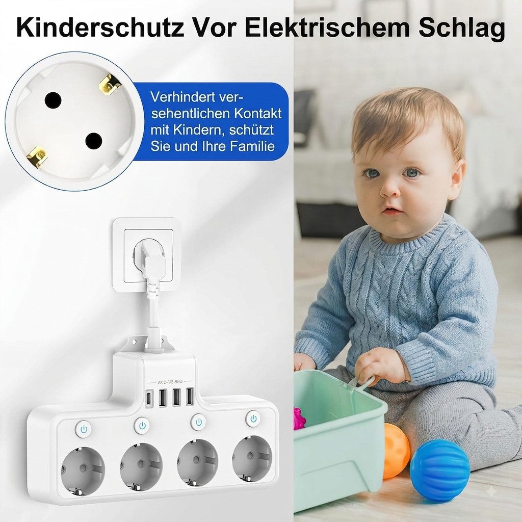 Heqishun 4-fach Steckdosenleiste mit 3 USB-A, USB-C und 4 Schaltern Mehrfachsteckdose 4-fach (3 USB-A-Anschlüsse, 1 USB-C-Anschluss, Überstromschutz, Kurzschlus – Bild 4 von 5