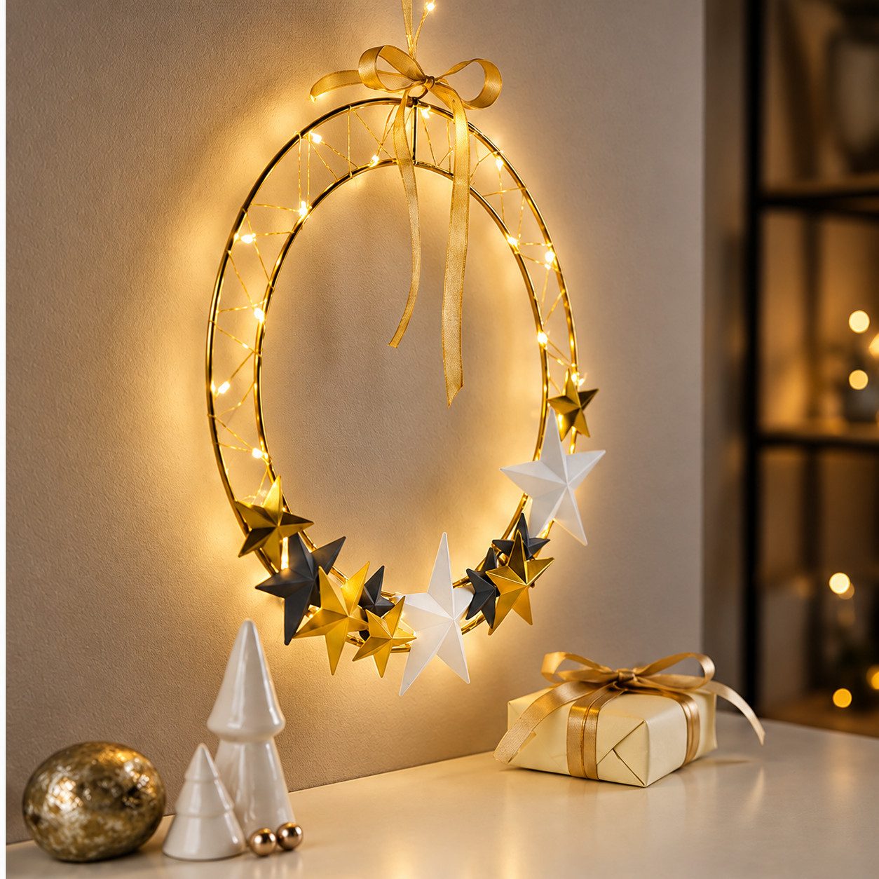 Weltbild Dekolicht LED Beleuchtung 30cm Metallring Weihnachtsdeko Leuchte Dekoration, Weihnachtsbeleuchtung Lichtdeko Advent Deko Fenster Wand – Bild 2 von 5