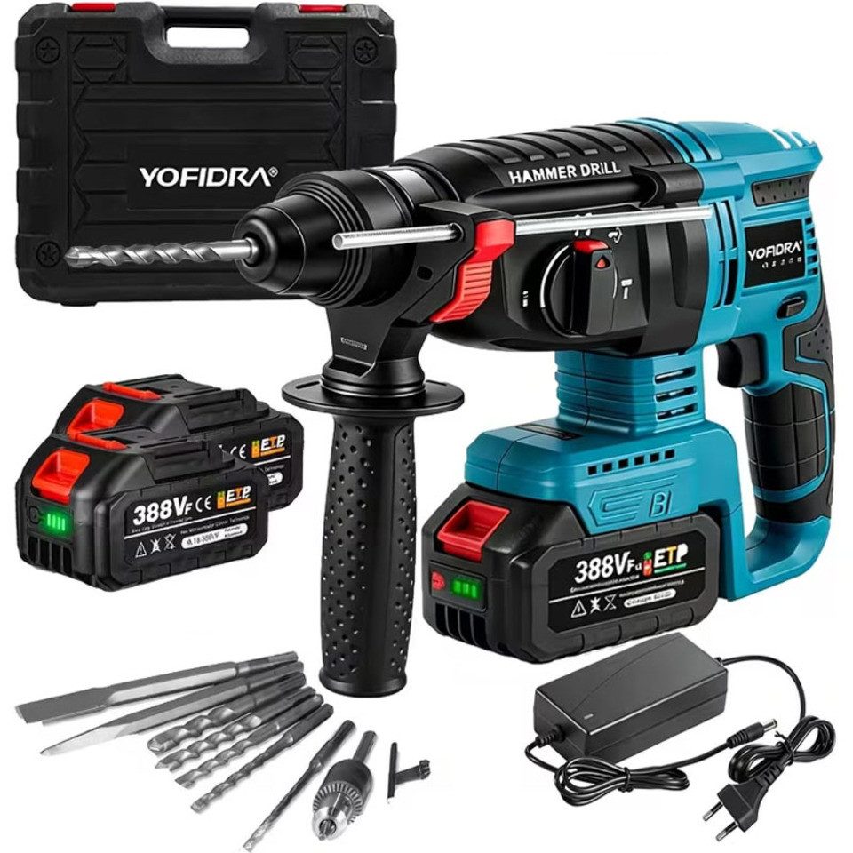 Yofidra Akku-Bohrhammer SDS-plus Schlaghammer mit 2,1J Schlagenergie & 2x Akku, Bürstenloser Bohrhammer für Profis und Heimwerker