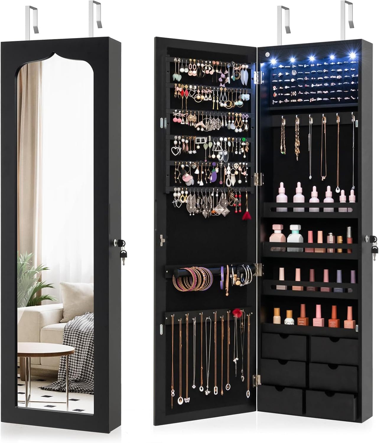 COSTWAY Schmuckschrank mit LED & Ganzkörperspiegel, für Tür und Wand mit LED & Ganzkörperspiegel, für Tür und Wand